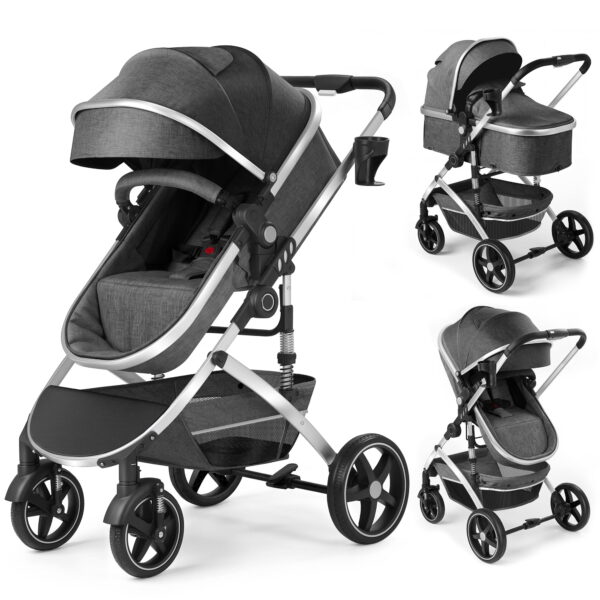 babyeap 2 in 1 Baby Stroller,Foldable Lightweight Carriage Reversible Bassinet Pram for Toddler,Travel Stroller with with Cup Holder,Gray