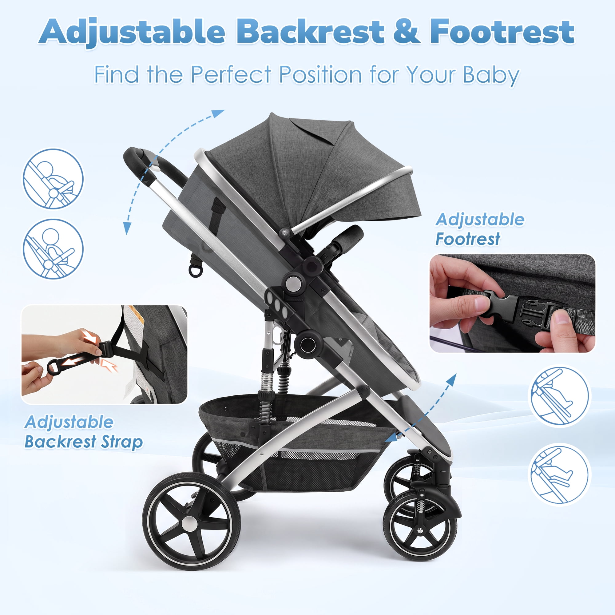 babyeap 2 in 1 Baby Stroller,Foldable Lightweight Carriage Reversible Bassinet Pram for Toddler,Travel Stroller with with Cup Holder,Gray - Image 2