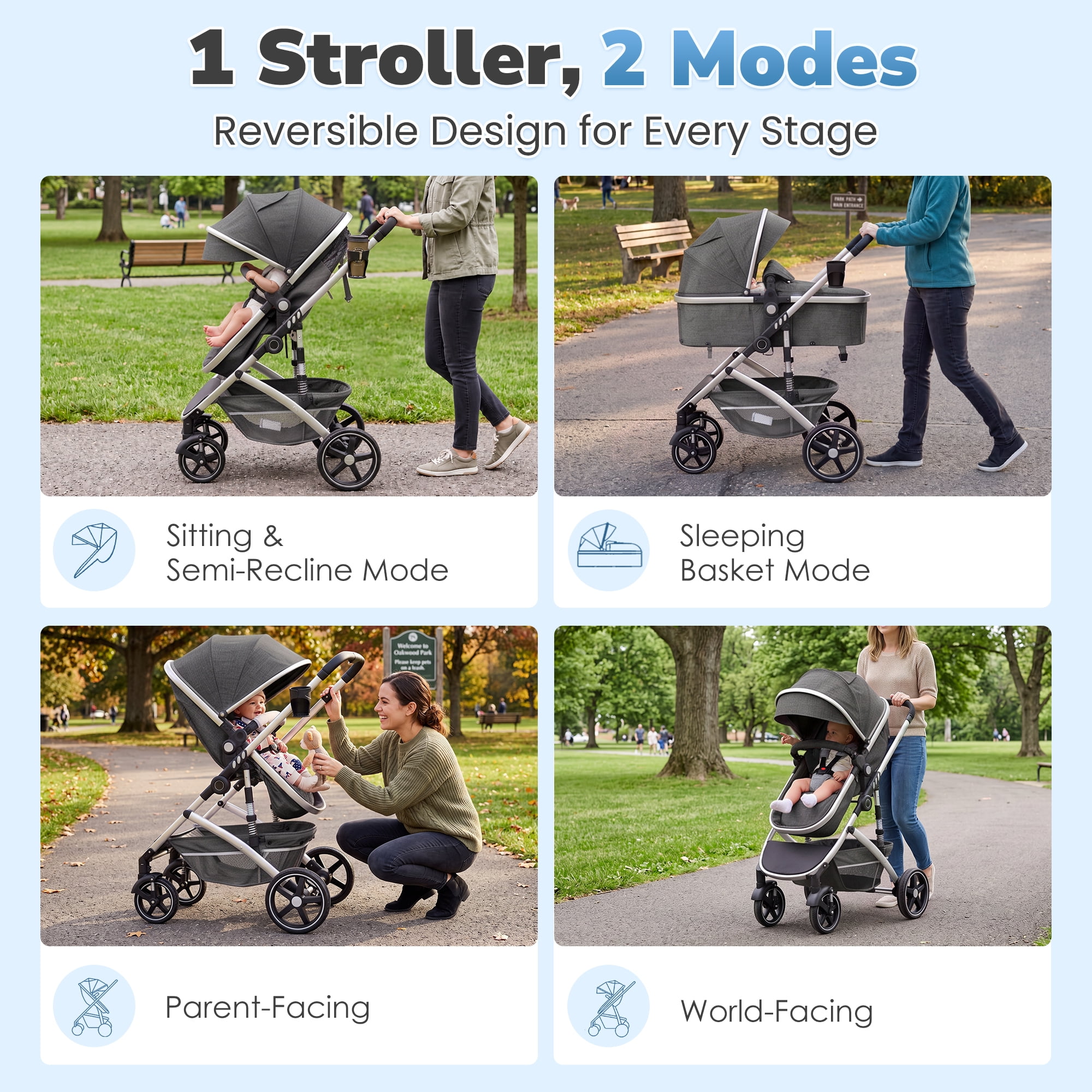 babyeap 2 in 1 Baby Stroller,Foldable Lightweight Carriage Reversible Bassinet Pram for Toddler,Travel Stroller with with Cup Holder,Gray - Image 5