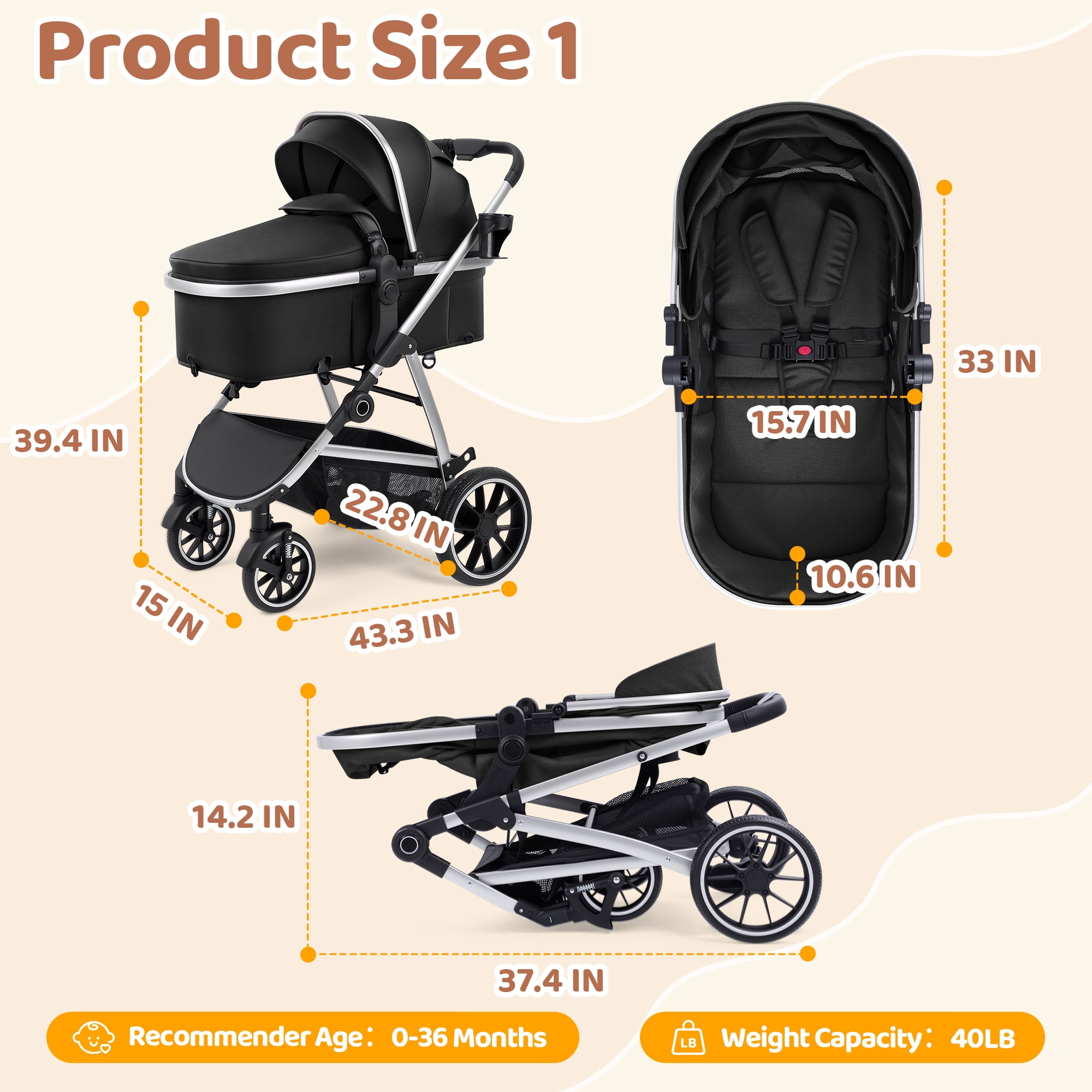 babyeap Baby Stroller,2 in 1 Lightweight Travel Stroller,Compact Foldable Stroller for Toddler with Reversible,Black - Image 3