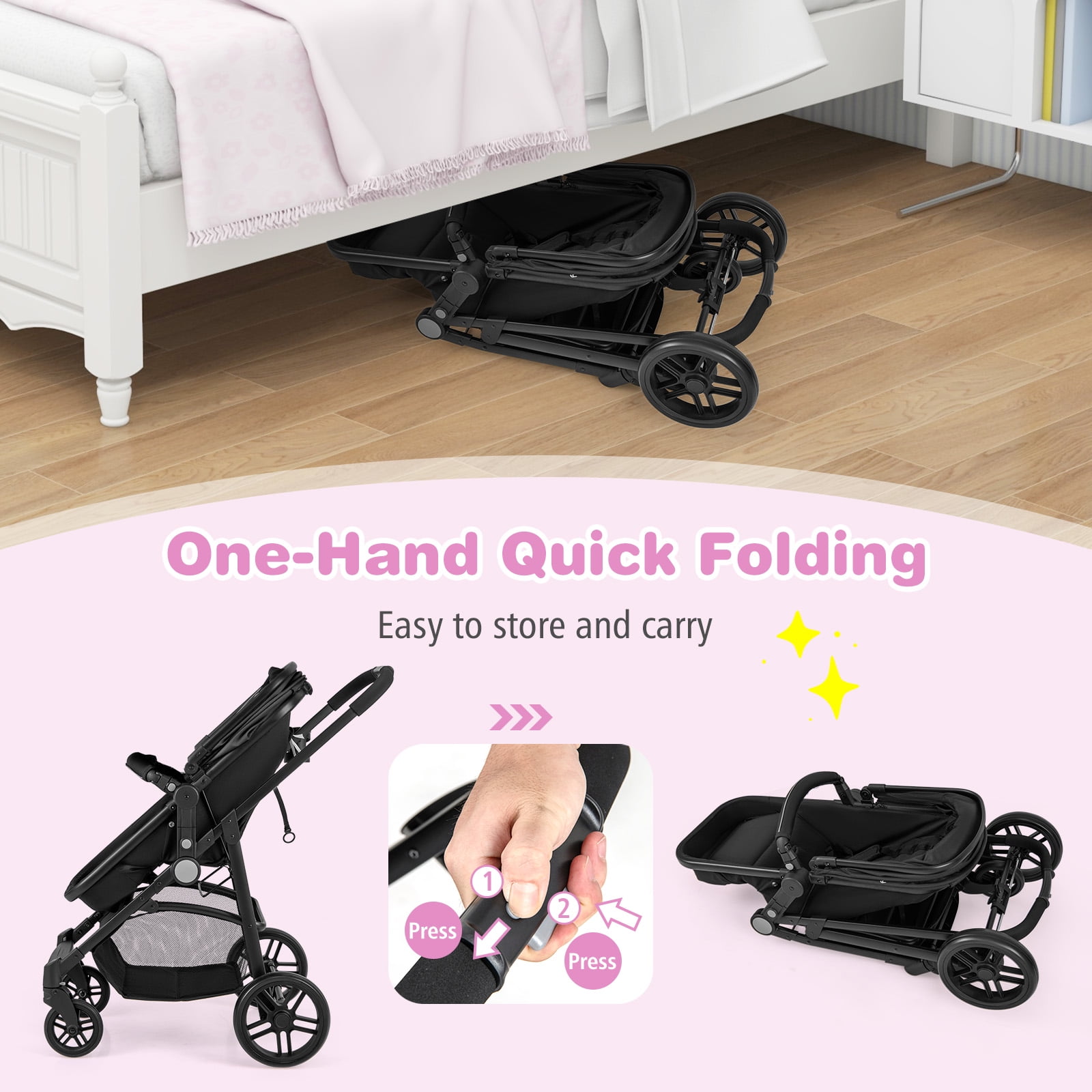Babyjoy 2 in 1 Foldable Baby Stroller Kids Travel Newborn Infant Buggy Pushchair 22 lbs Black - Image 3