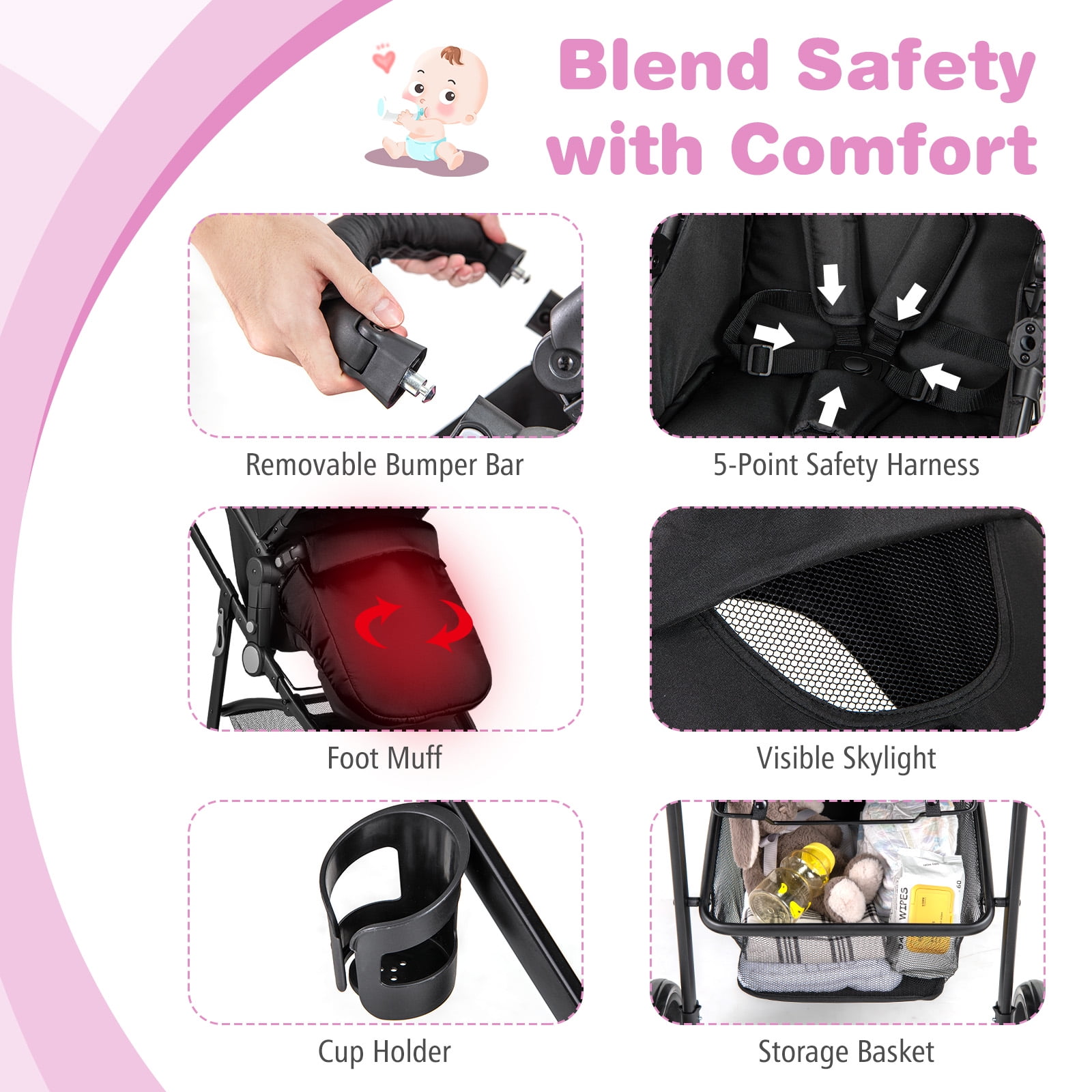 Babyjoy 2 in 1 Foldable Baby Stroller Kids Travel Newborn Infant Buggy Pushchair 22 lbs Black - Image 4