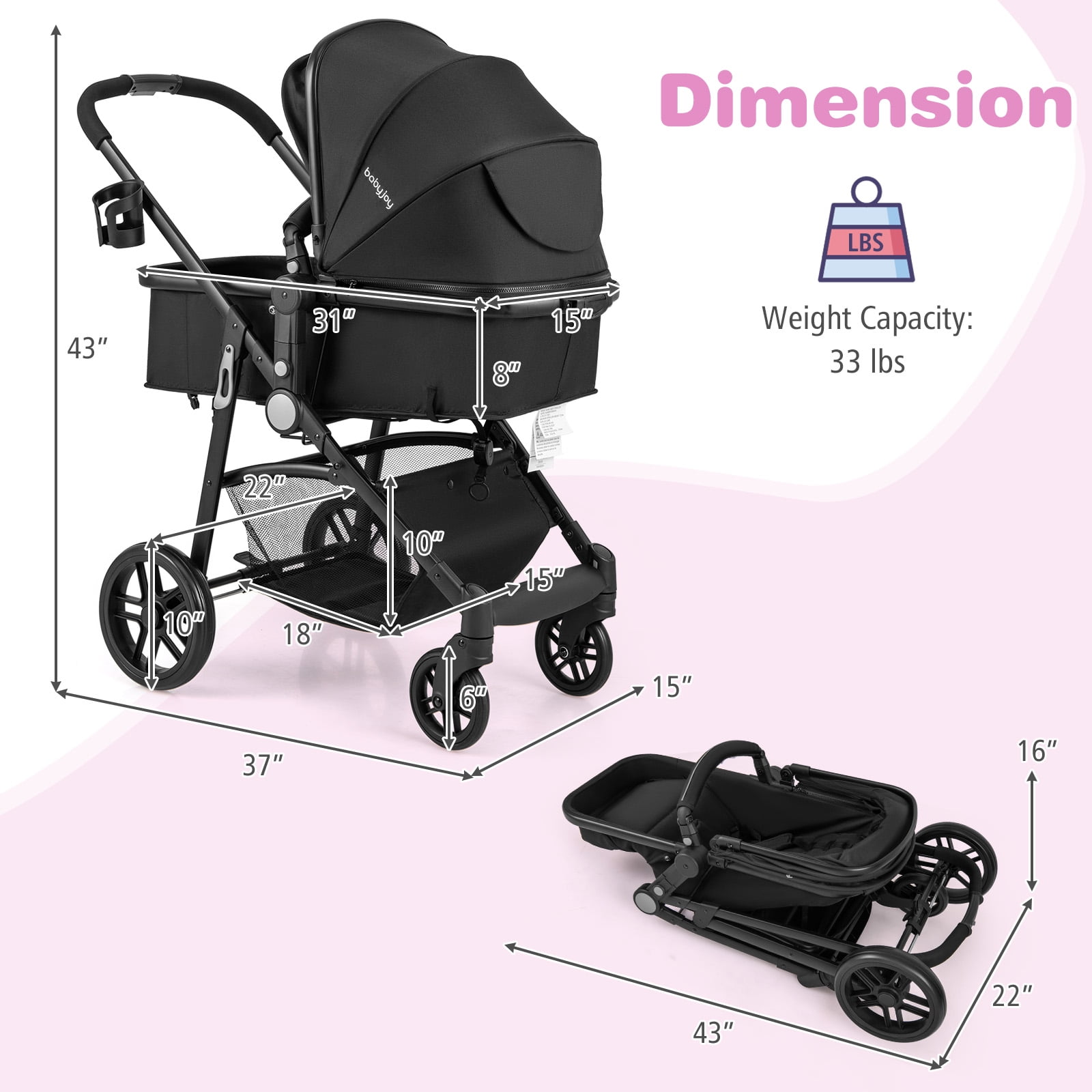 Babyjoy 2 in 1 Foldable Baby Stroller Kids Travel Newborn Infant Buggy Pushchair 22 lbs Black - Image 5