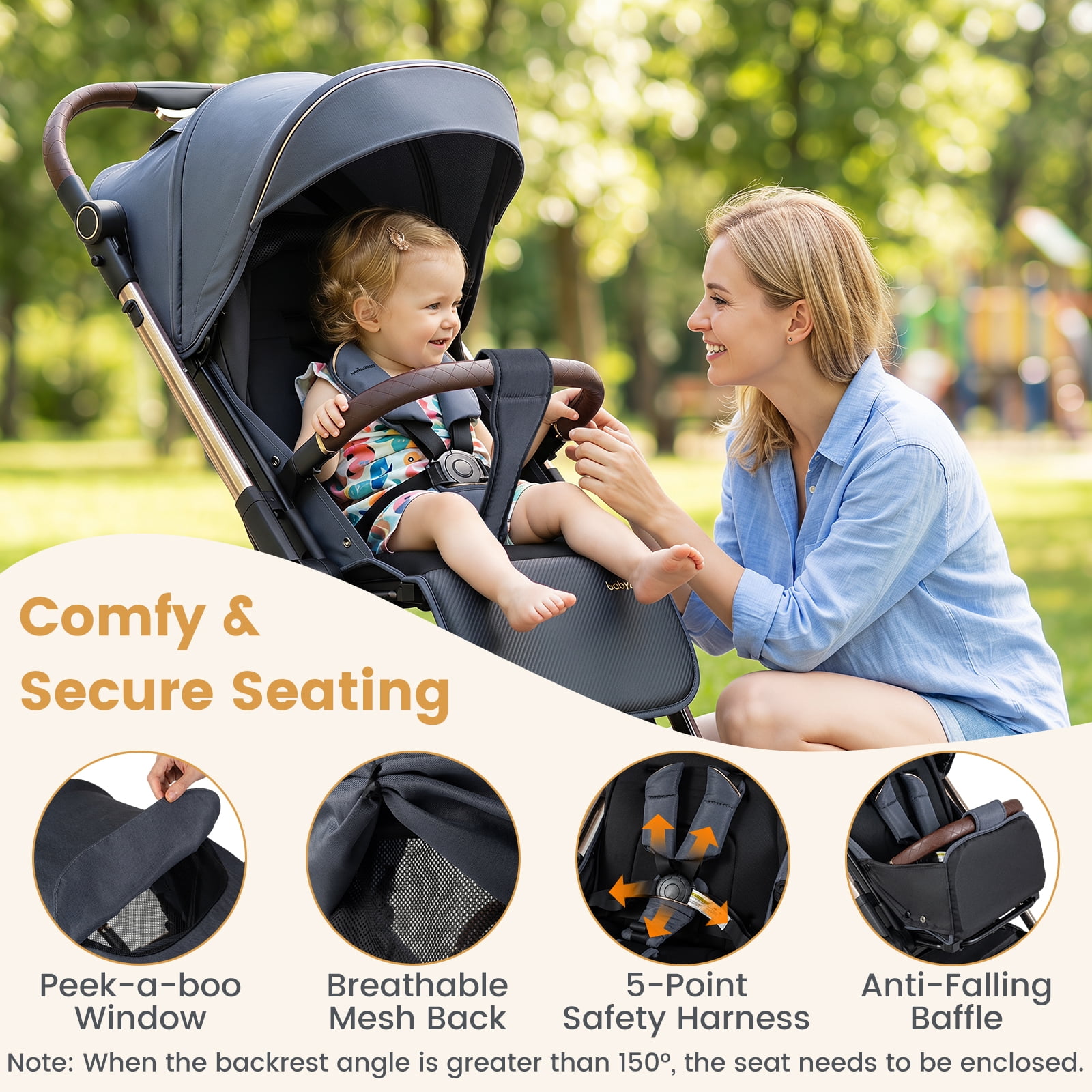 Babyjoy Foldable Baby Stroller with Reversible Handle Adjustable Backrest Canopy Cup Holder Black - Image 3