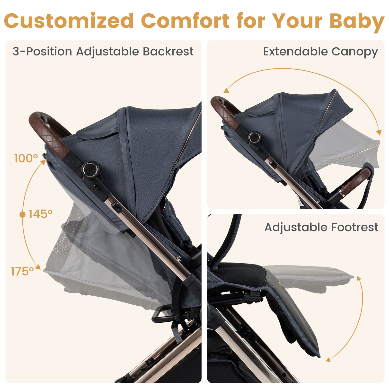 Babyjoy Foldable Baby Stroller with Reversible Handle Adjustable Backrest Canopy Cup Holder Black - Image 4