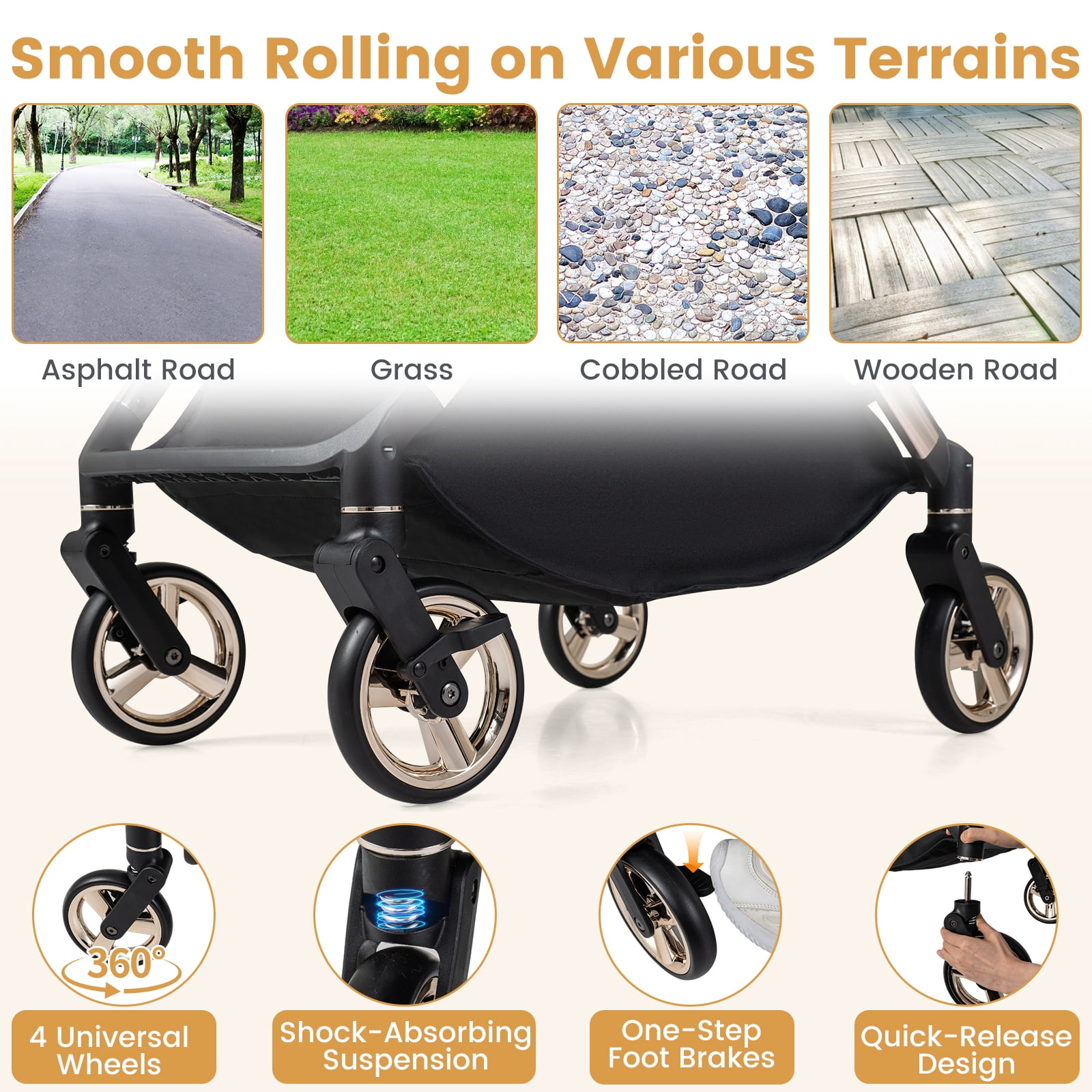 Babyjoy Foldable Baby Stroller with Reversible Handle Adjustable Backrest Canopy Cup Holder Black - Image 2