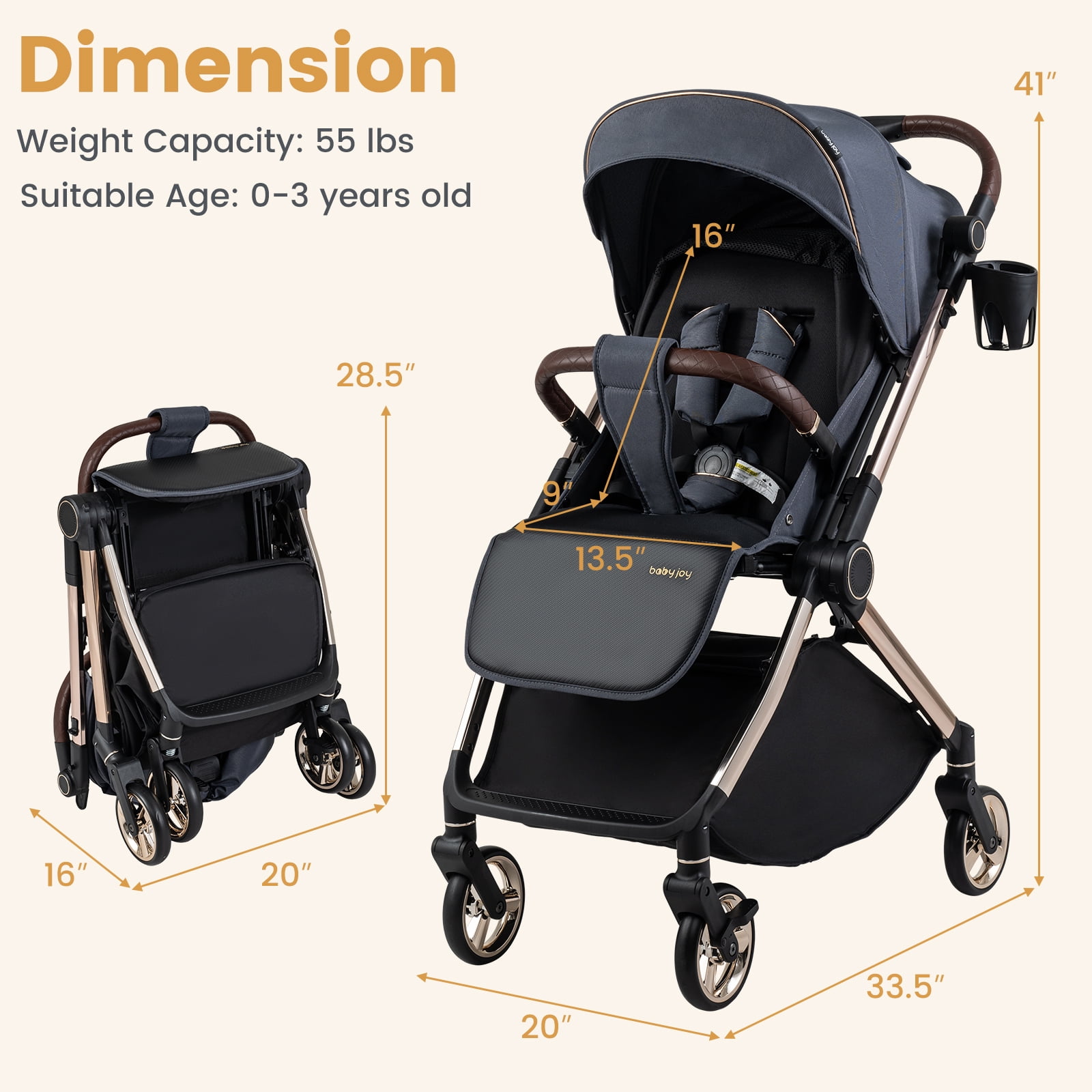 Babyjoy Foldable Baby Stroller with Reversible Handle Adjustable Backrest Canopy Cup Holder Black - Image 5