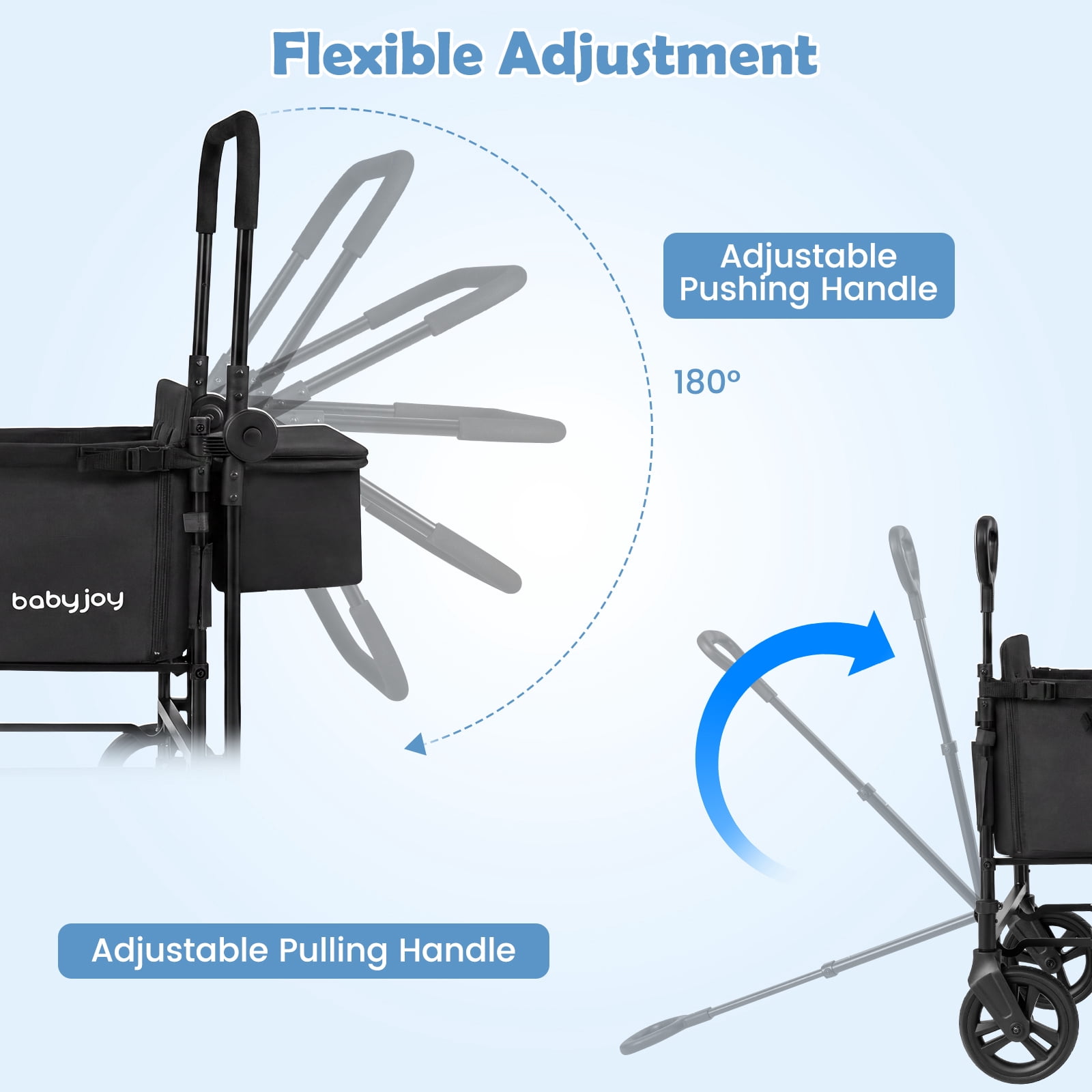 Babyjoy Foldable Wagon Stroller,Baby Stroller with Removable Canopy,Adjustable Handle Black - Image 2