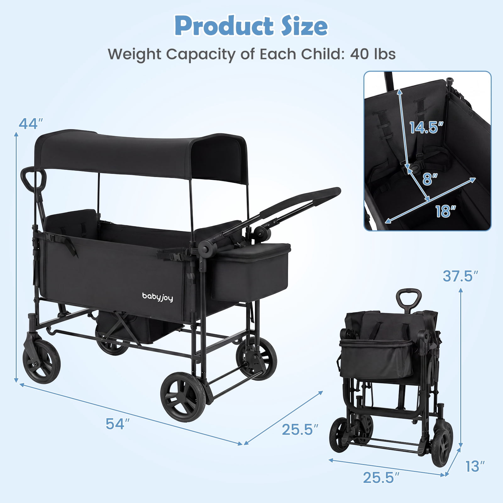 Babyjoy Foldable Wagon Stroller,Baby Stroller with Removable Canopy,Adjustable Handle Black - Image 5