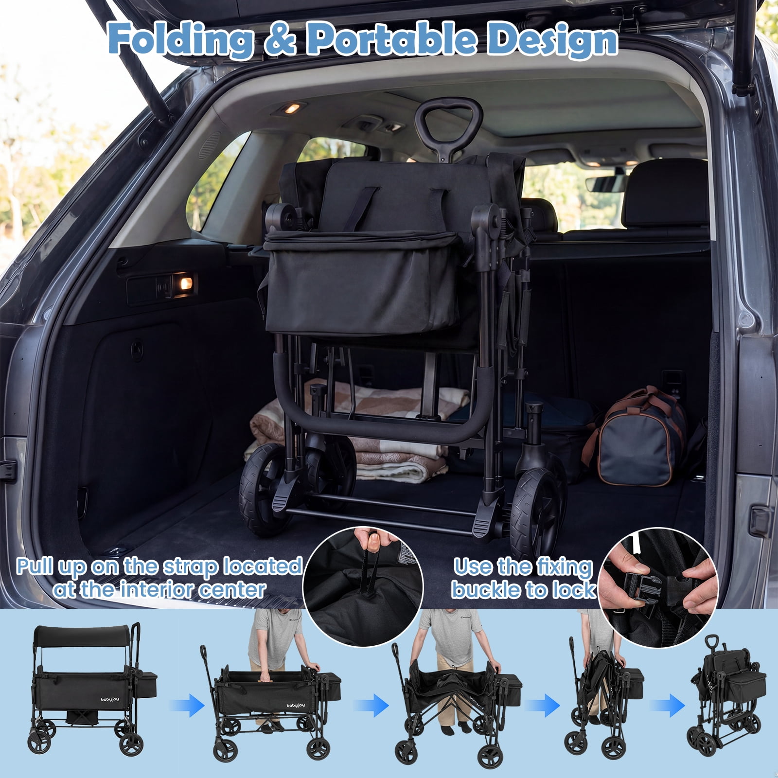 Babyjoy Foldable Wagon Stroller,Baby Stroller with Removable Canopy,Adjustable Handle Black - Image 3