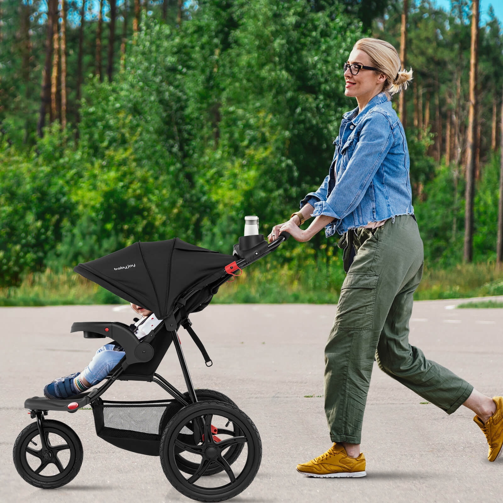 Babyjoy Jogging Stroller Foldable Jogger with Adjustable Canopy Detachable Tray Cup Holders Black - Image 2