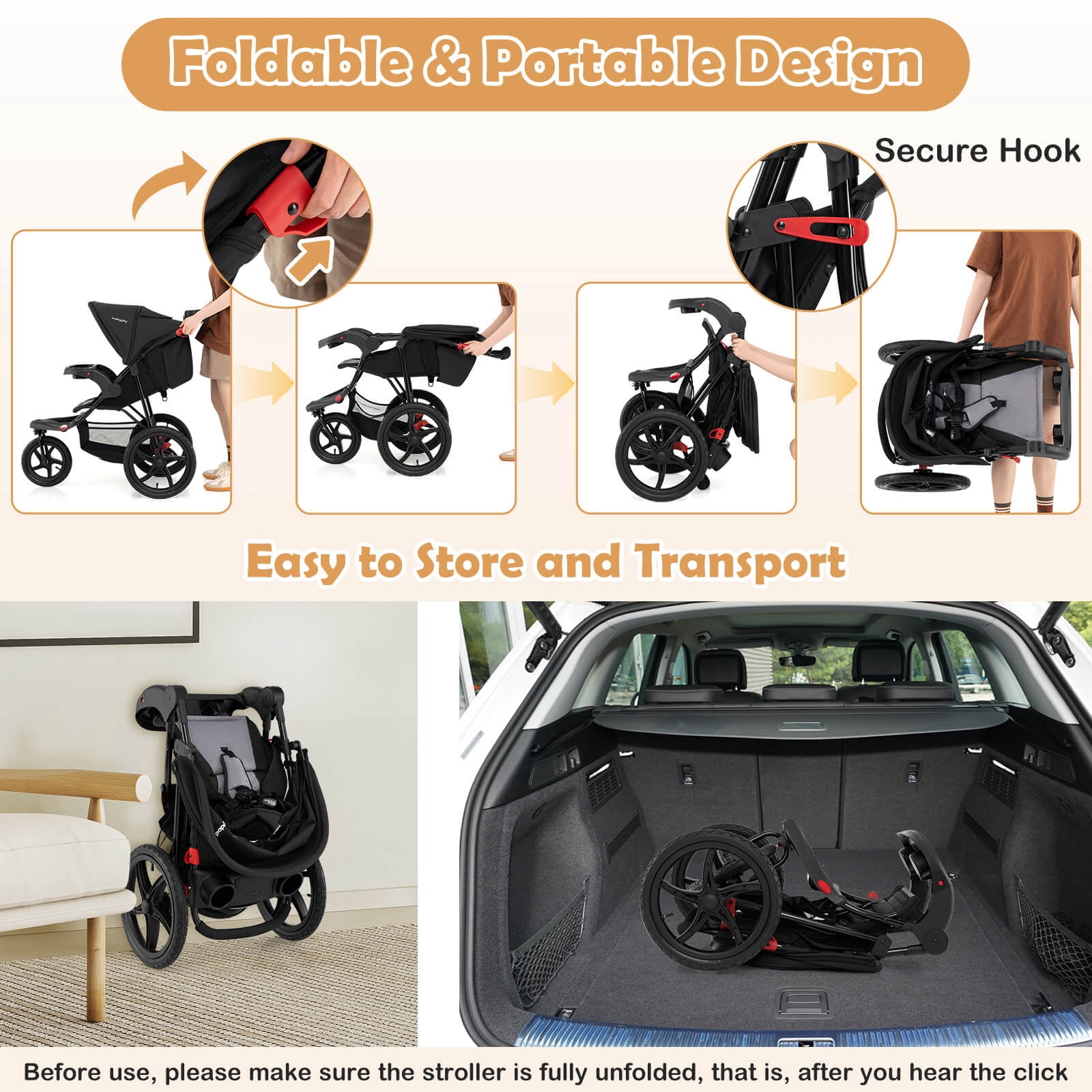 Babyjoy Jogging Stroller Foldable Jogger with Adjustable Canopy Detachable Tray Cup Holders Black - Image 4