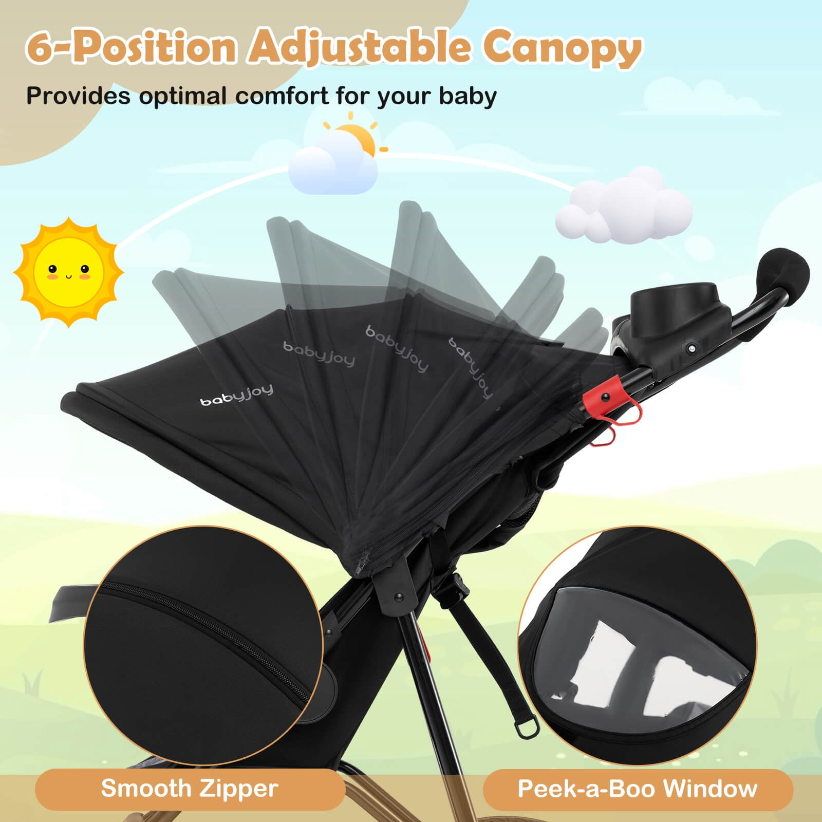 Babyjoy Jogging Stroller Foldable Jogger with Adjustable Canopy Detachable Tray Cup Holders Black - Image 3