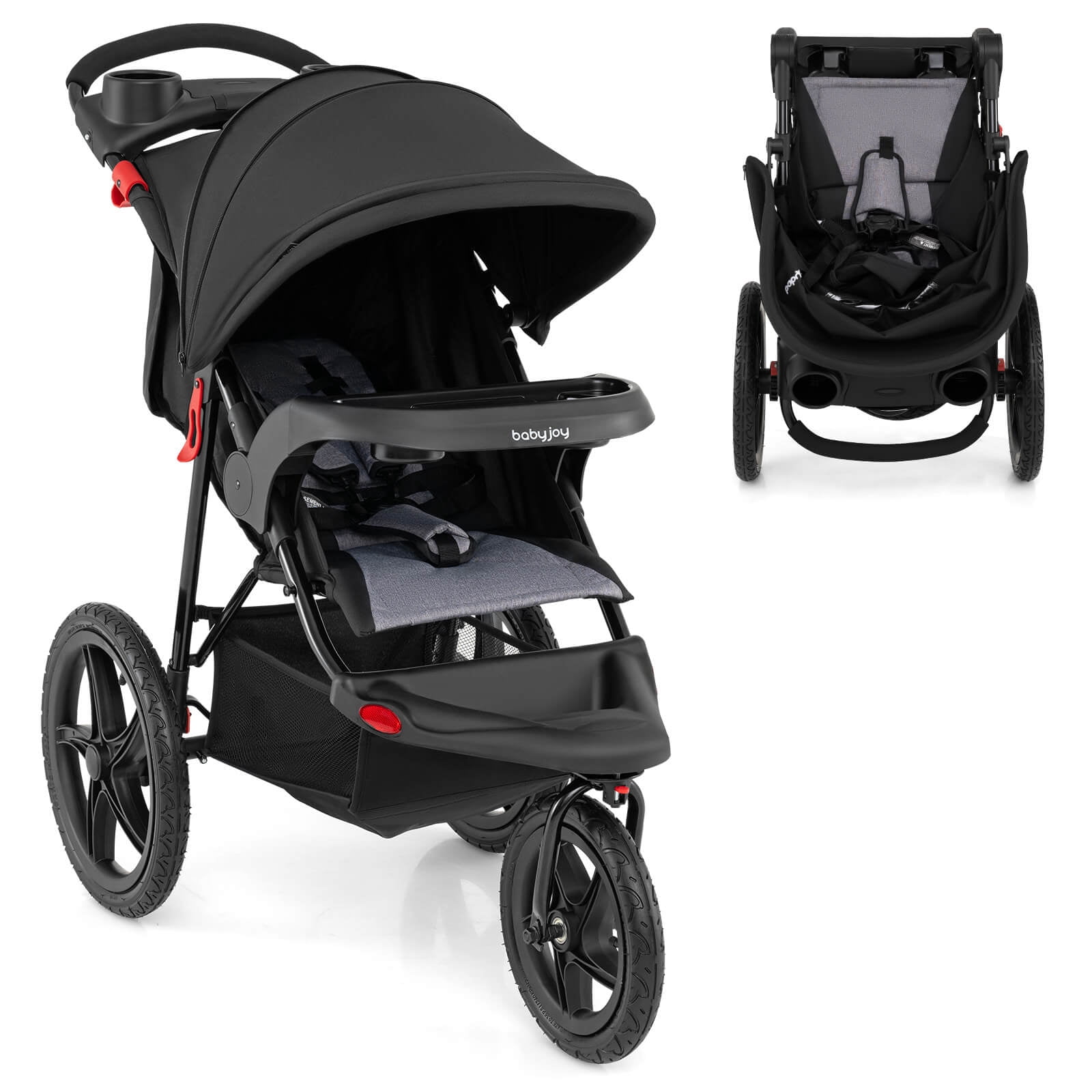Babyjoy Jogging Stroller Foldable Jogger with Adjustable Canopy Detachable Tray Cup Holders Black