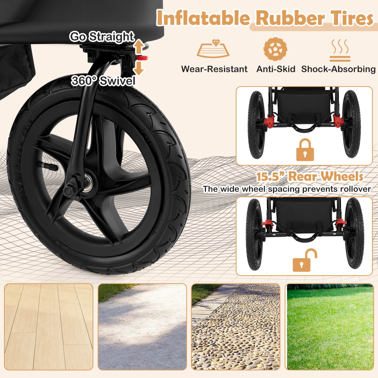 Babyjoy Jogging Stroller Foldable Jogger with Adjustable Canopy Detachable Tray Cup Holders Black - Image 5