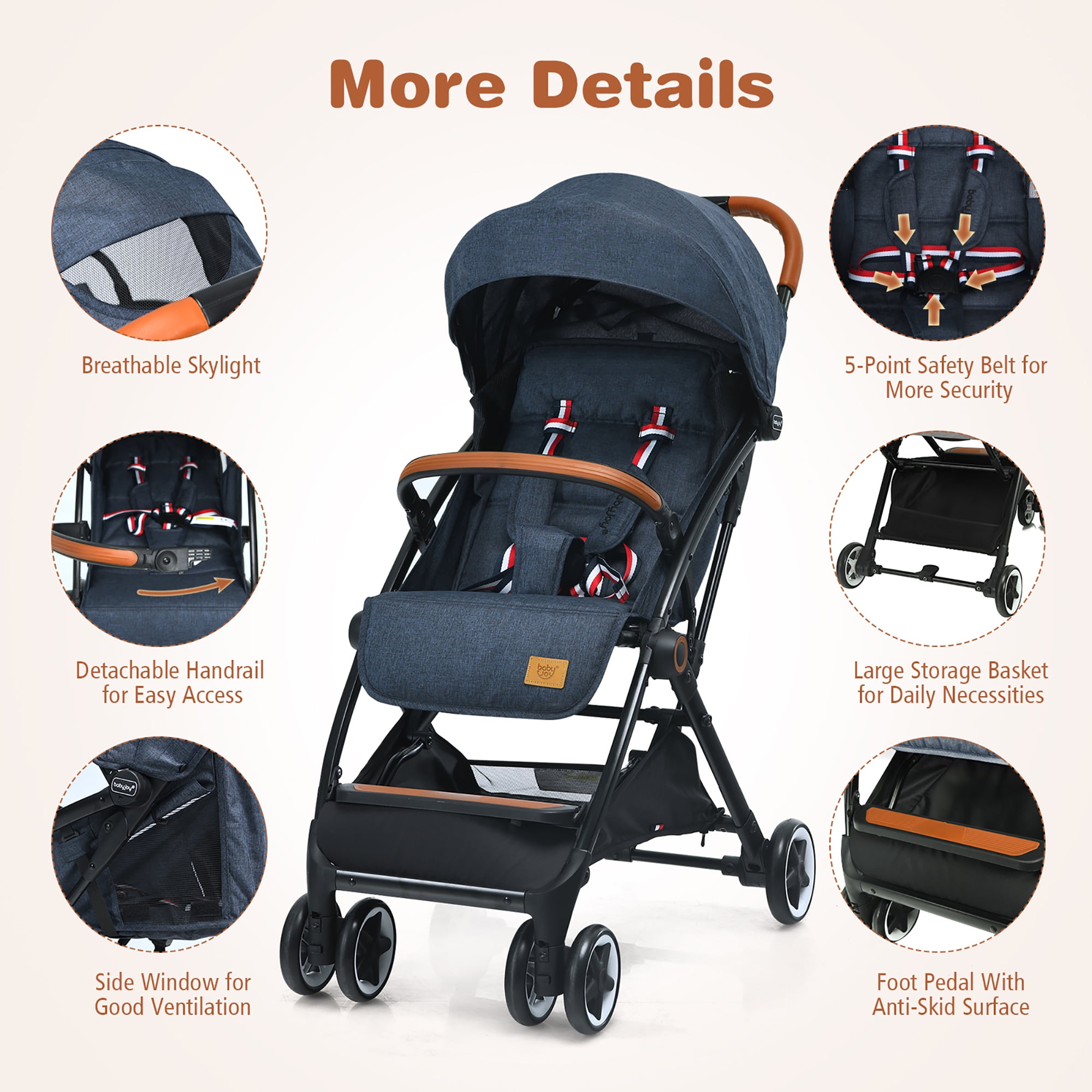 Babyjoy Lightweight Baby Stroller Aluminium Frame with Net for Travel 15 lbs Blue - Image 3