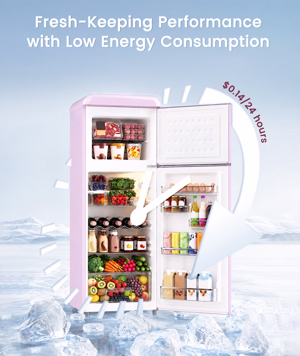 BANGSON 7.5 Cu.Ft Retro Fridge with Top Freezer for Vintage-Style Kitchen, Apartment & Office, 5 Adjustable Temperature, Pink - Image 4