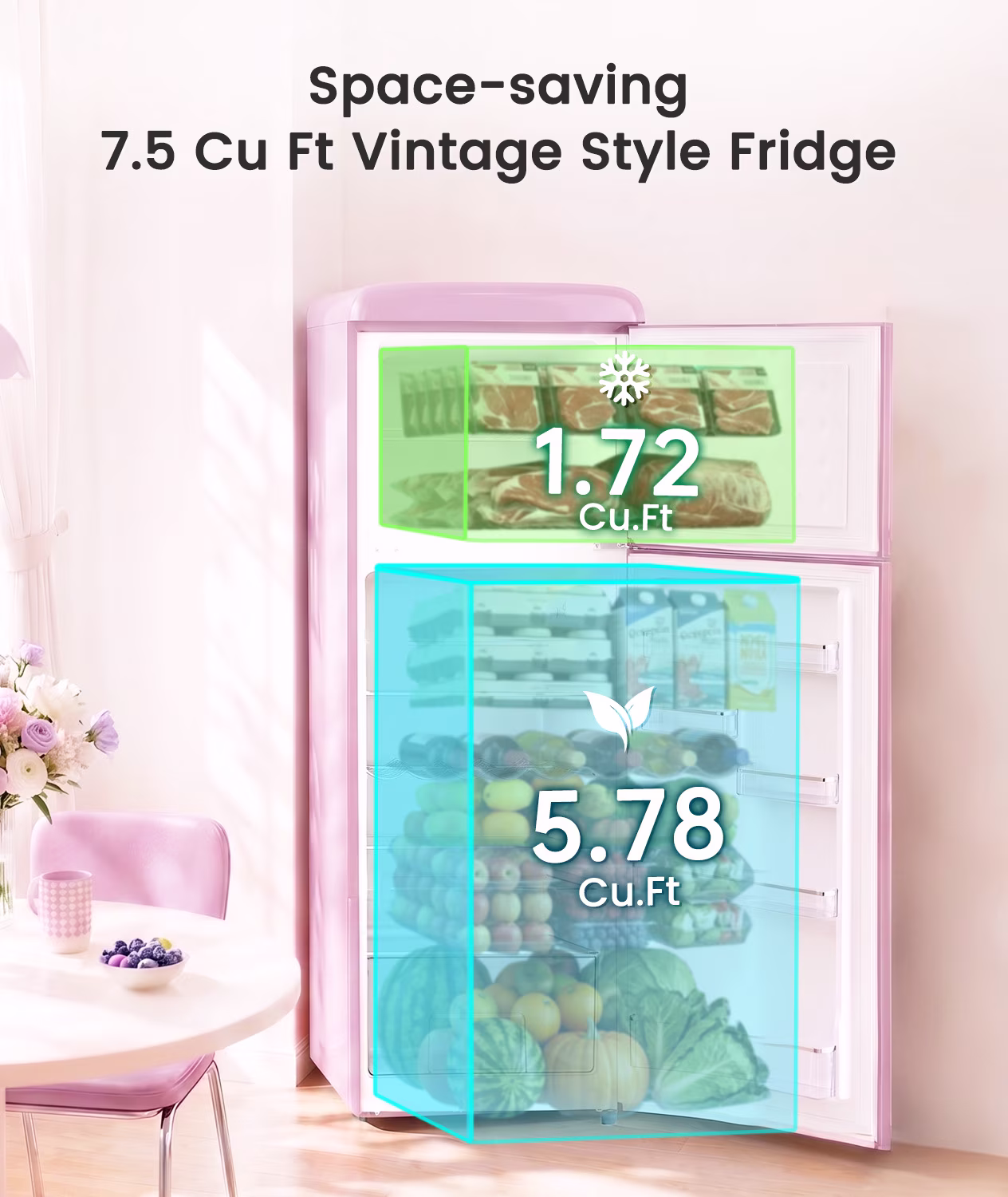 BANGSON 7.5 Cu.Ft Retro Fridge with Top Freezer for Vintage-Style Kitchen, Apartment & Office, 5 Adjustable Temperature, Pink - Image 5