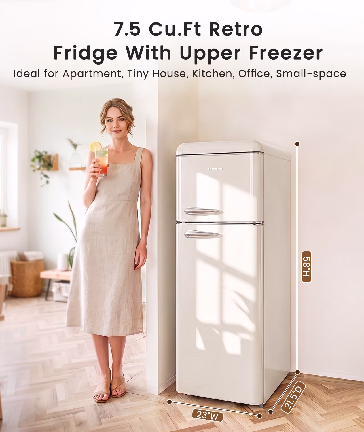 BANGSON 7.5 Cu.Ft Retro Fridge with Top Freezer for Vintage-Style Kitchen, Apartment & Office,5 Adjustable Temperature, Cream White - Image 5