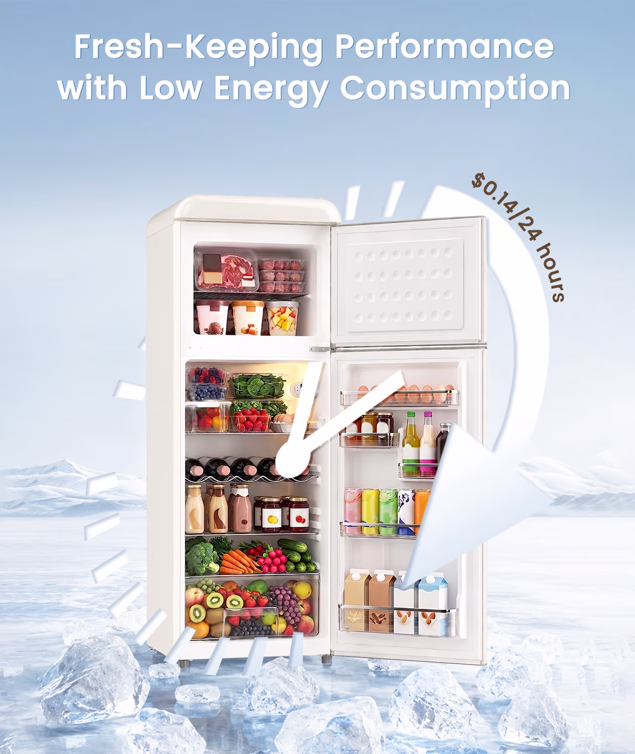 BANGSON 7.5 Cu.Ft Retro Fridge with Top Freezer for Vintage-Style Kitchen, Apartment & Office,5 Adjustable Temperature, Cream White - Image 3