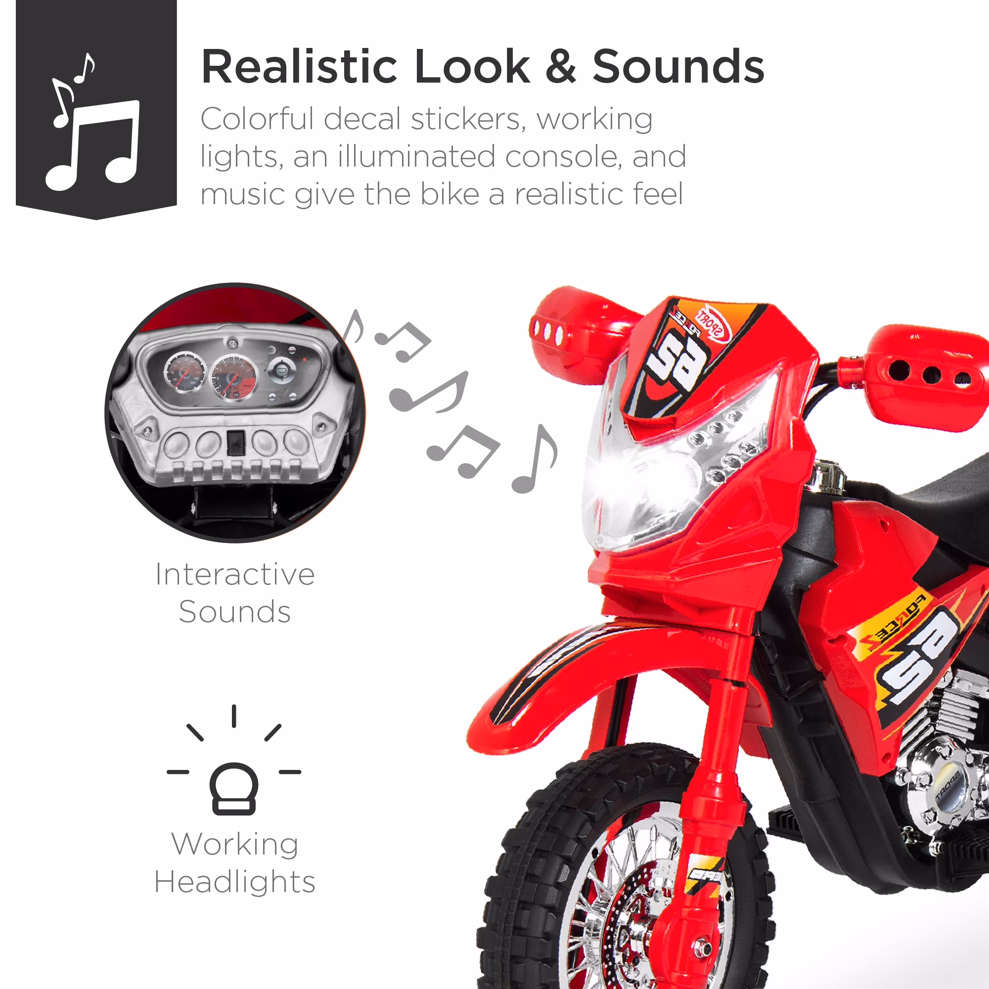 Best Choice Products 6V Kids Electric Battery Powered Ride On Motorcycle w/ Training Wheels, Lights, Music - Red - Image 2