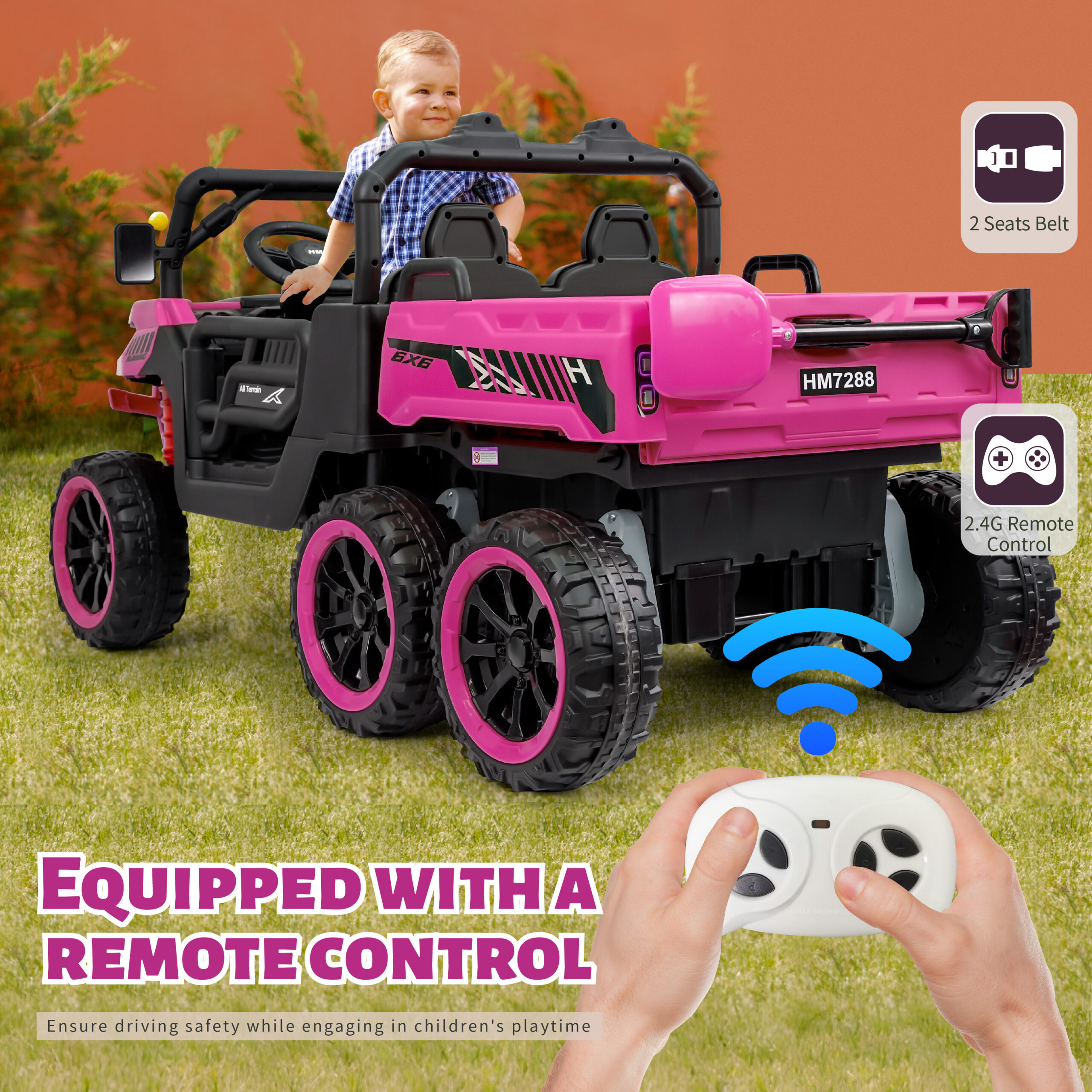 BKIRNP 24V 2 Seater Kids Ride on Car Truck,Ride on UTV W/,24 Volt Ride on Toys W/ Dump Bed/Shovel, LED Light, Music, Remote Control,6 Wheels Ride On Toys for Boys Girls Pink - Image 3