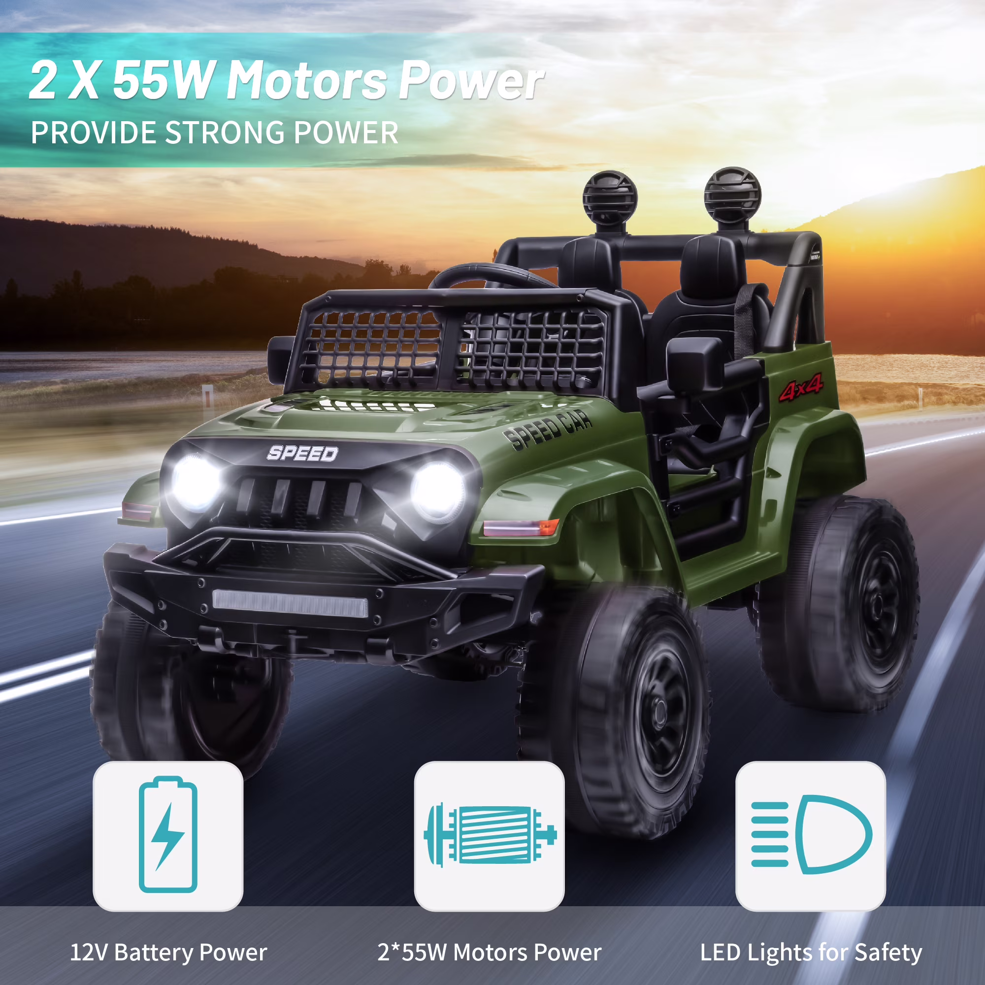 BKIRNP Kids Electric Car Ride on Car,Ride On Truck 12V Powered 4-Wheel Battery w/ Remote Control MP3 LED Lights Bluetooth Music for Kids 2+ Green - Image 4