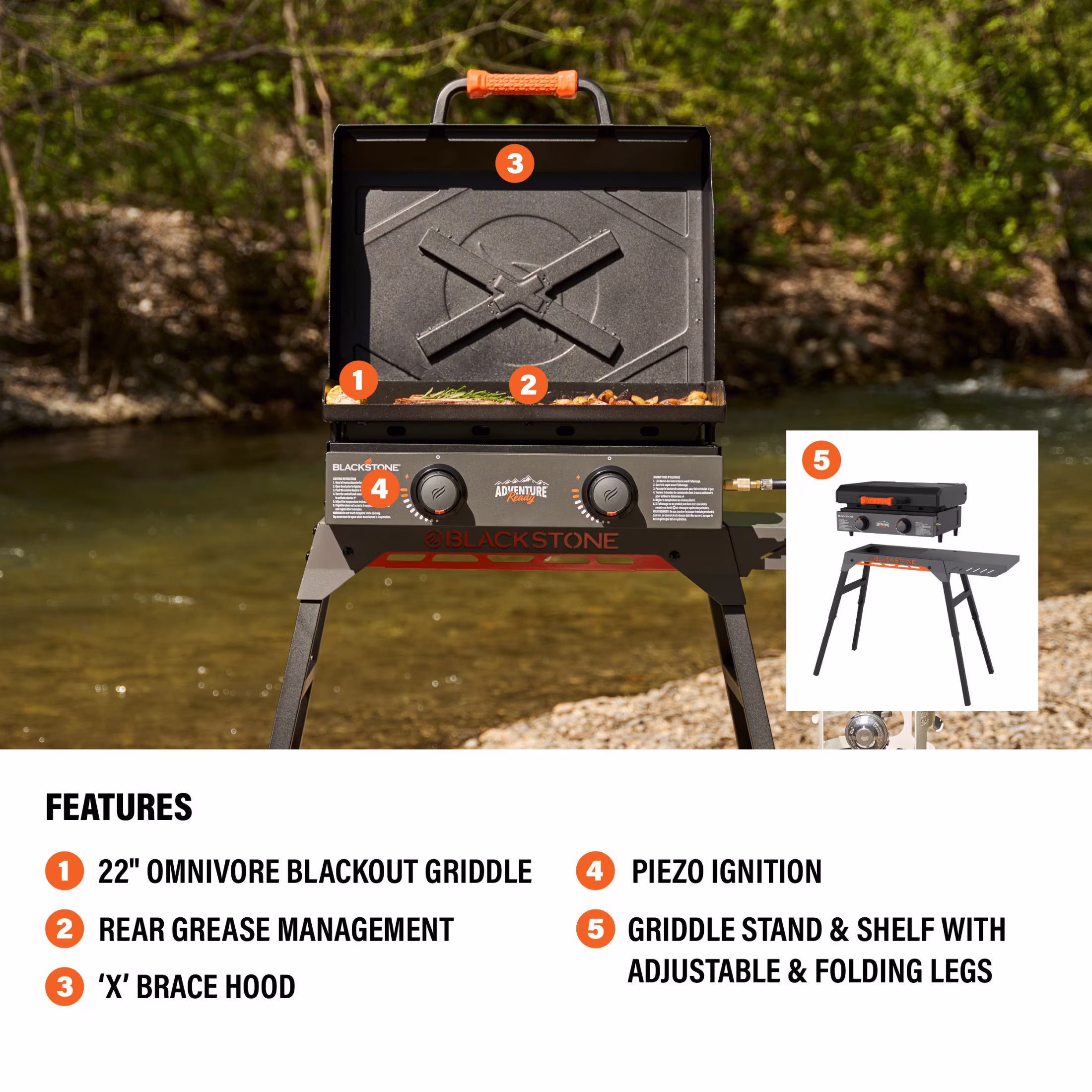 Blackstone Adventure Ready Outdoor Griddle, 22 Inch 2-Burner Flat Top Grill with Hood and Stand, Gray - Image 2