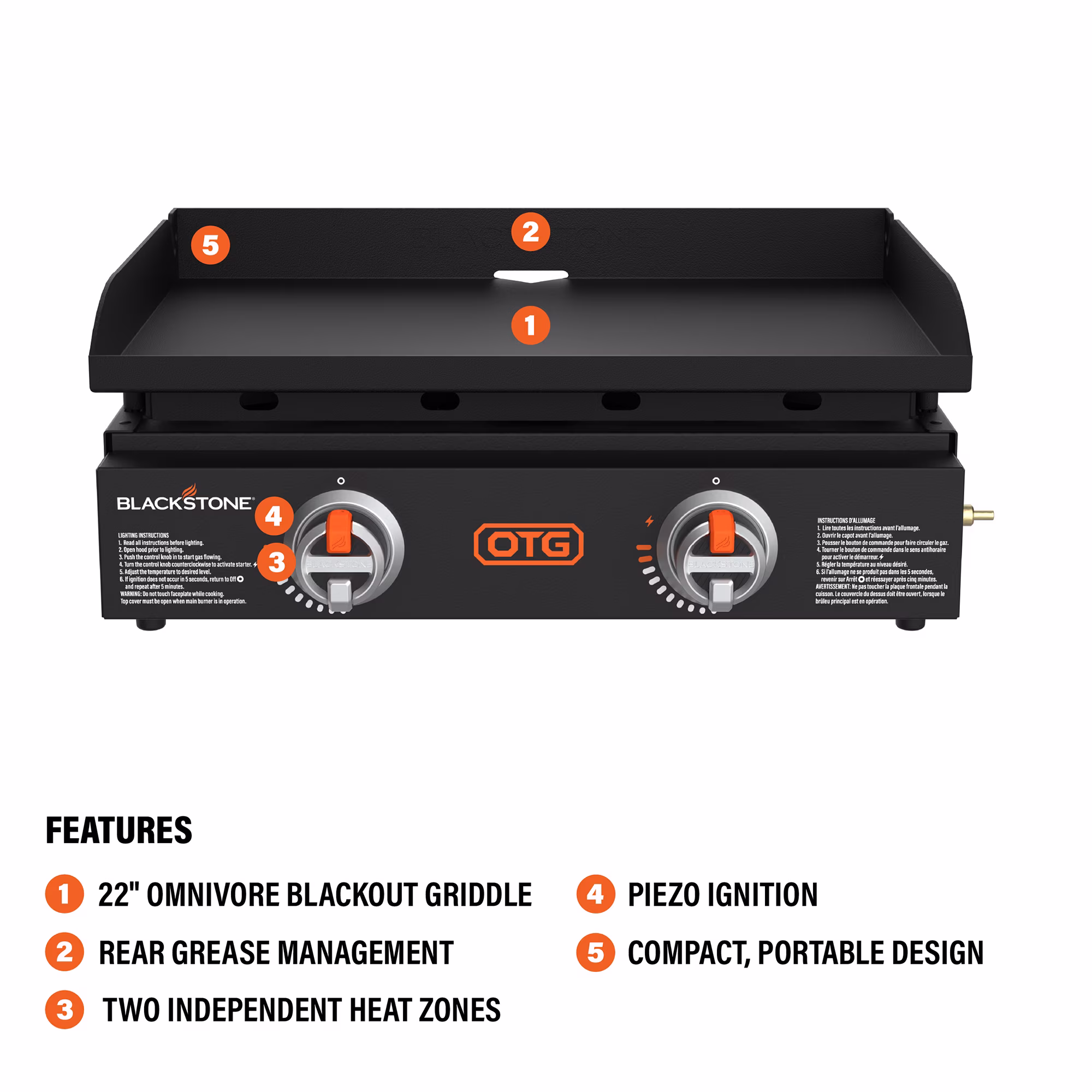 Blackstone OTG 22" Tabletop Propane Griddle with Dual Heating Zones and Piezo Ignition - Image 4