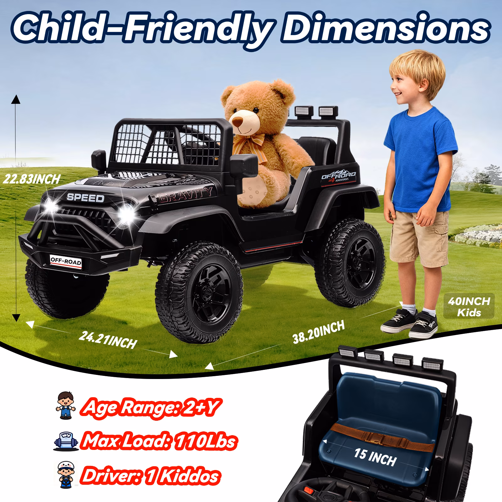 BLISSRIDE 24V 4WD Ride on Truck Car for Kids, 4X4 Ride on Toy w/Remote, 5MPh, Bluetooth Music, Wide Seat, Spring Suspension, LED Light, Electric Battery Powered Car for Boys, Girls, Toddler, Black - Image 5