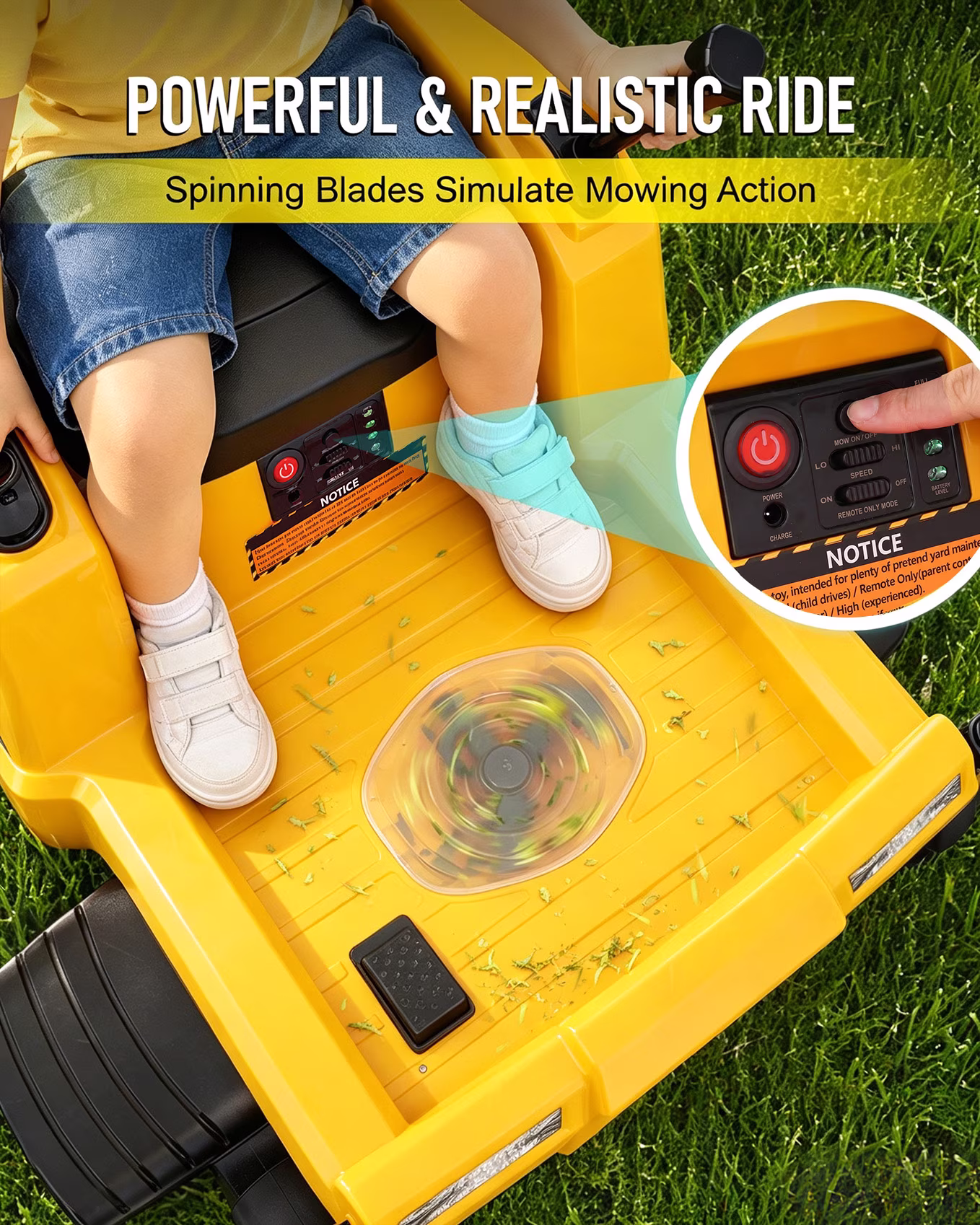 Blitzshark 12V Kids Zero Turn Mower Ride on,Soft Start & Smooth Stop,Yellow - Image 5