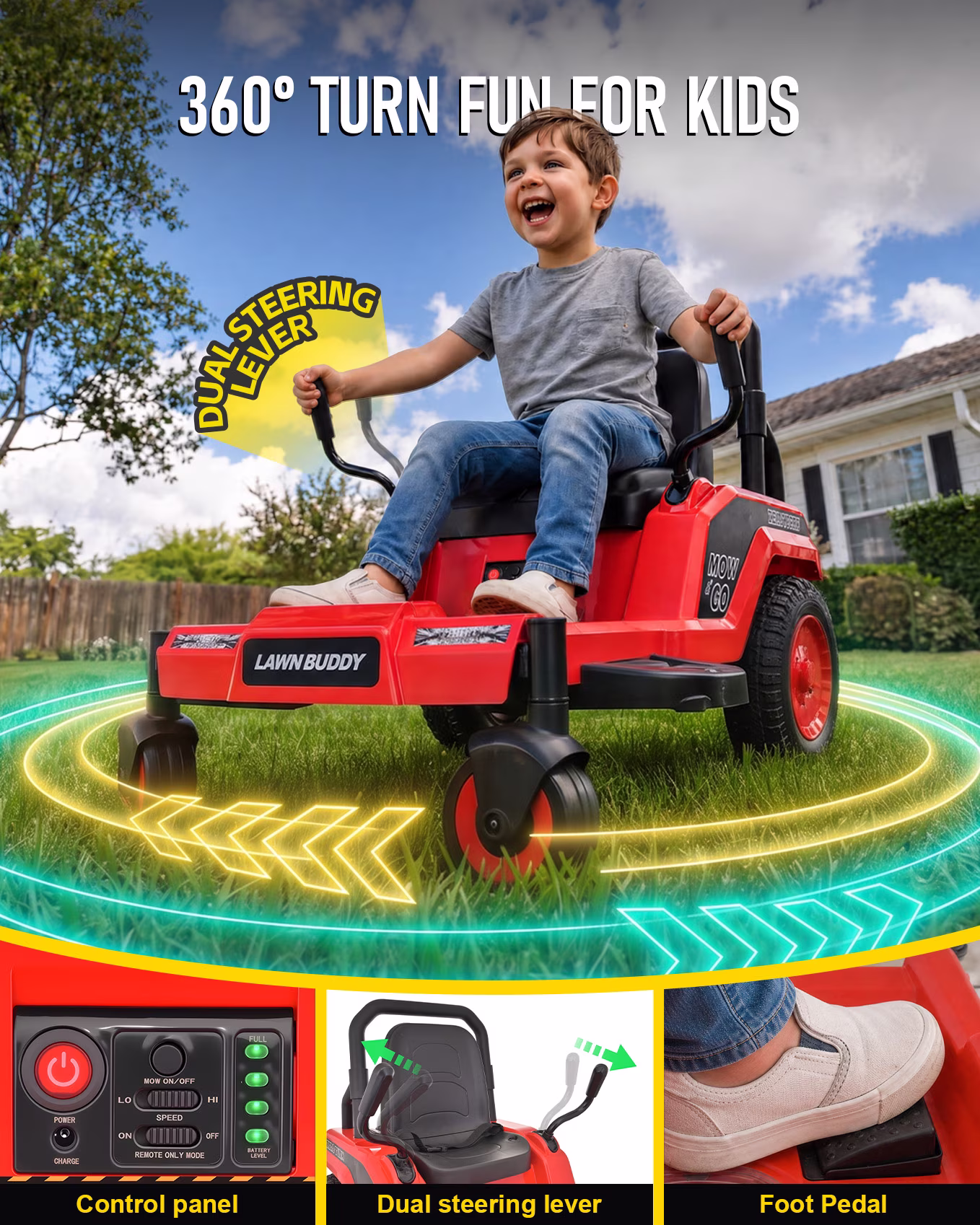 Blitzshark 24V Kids Zero Turn Mower Ride on,Soft Start & Smooth Stop,Red - Image 3