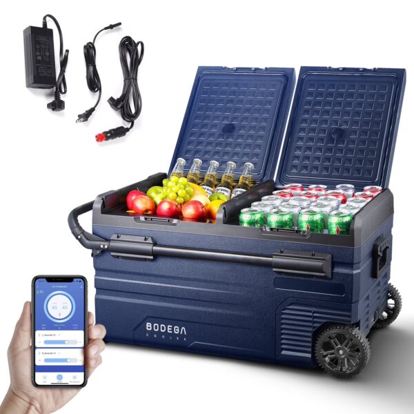 BODEGA 12 Volt Car Refrigerator Dual Zone, Electric Cooler Portable Freezer Fridge APP Control, 80 Quart(75L) Compressor Fridge 12V/24VDC 110~240V AC, for Truck Van SUV Boat Travel Camping Trip