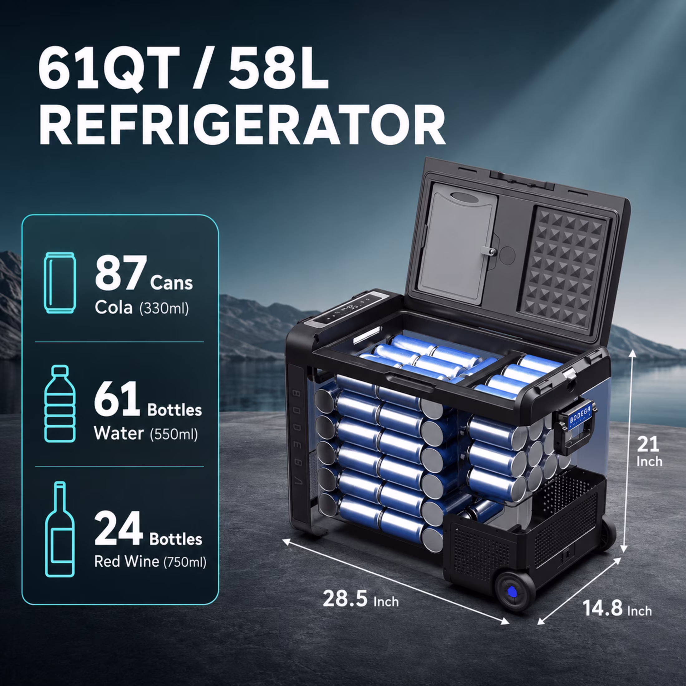 BODEGA 61Quart (58L) Dual Zone Car Refrigerator Freezer with APP Control, Portable 12V Car Fridge for RV, Truck, Camping & Travel, 12/24V DC and 100–240V AC - Image 2