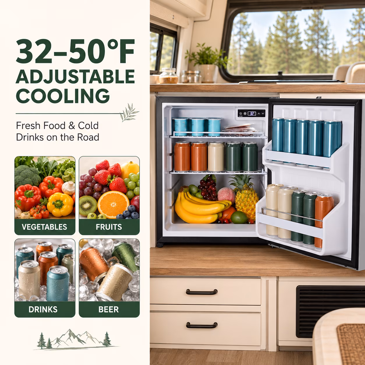 BODEGA 63.4 Quart 12 Volt RV Refrigerator, 2.12 Cu. Ft. Portable Car Fridge with Freezer, 12/24V DC, 32°F–50°F, Reversible Door, Silver - Image 4