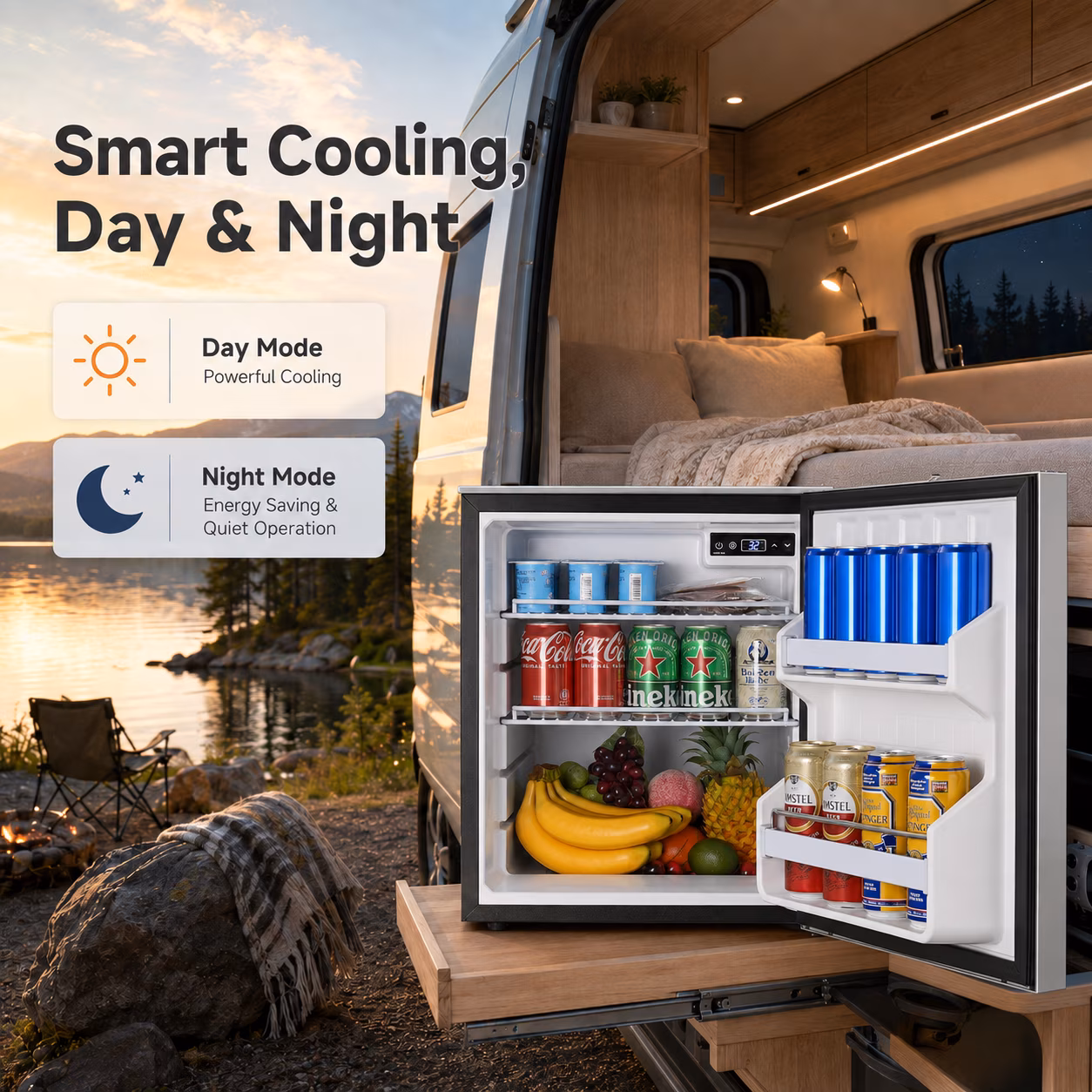 BODEGA 63.4 Quart 12 Volt RV Refrigerator, 2.12 Cu. Ft. Portable Car Fridge with Freezer, 12/24V DC, 32°F–50°F, Reversible Door, Silver - Image 3