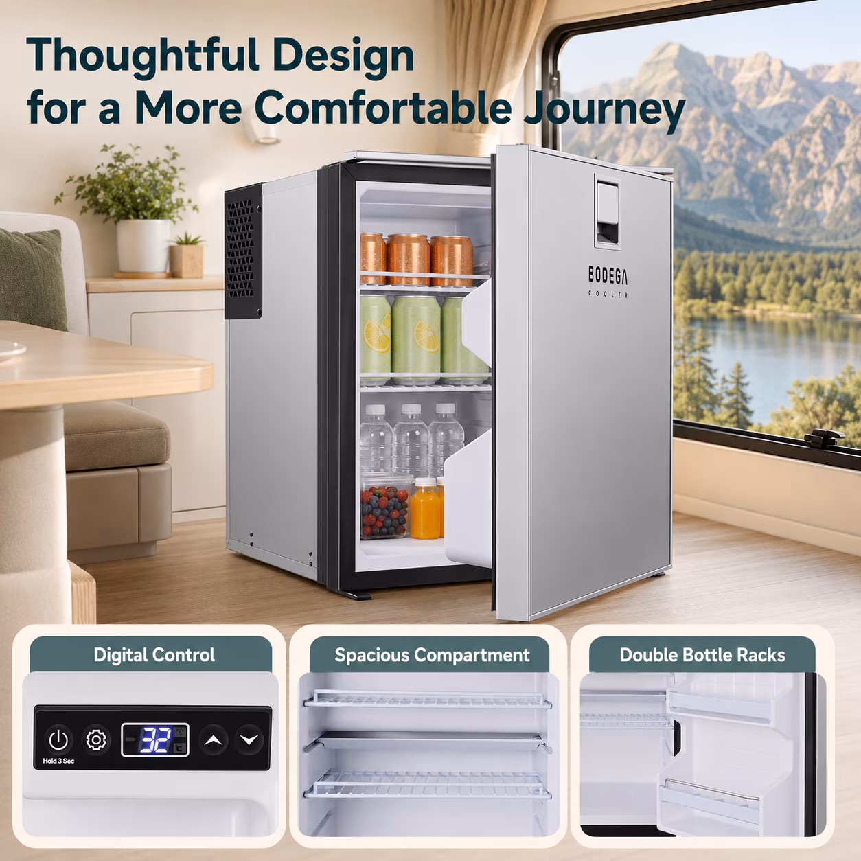 BODEGA 63.4 Quart 12 Volt RV Refrigerator, 2.12 Cu. Ft. Portable Car Fridge with Freezer, 12/24V DC, 32°F–50°F, Reversible Door, Silver - Image 5