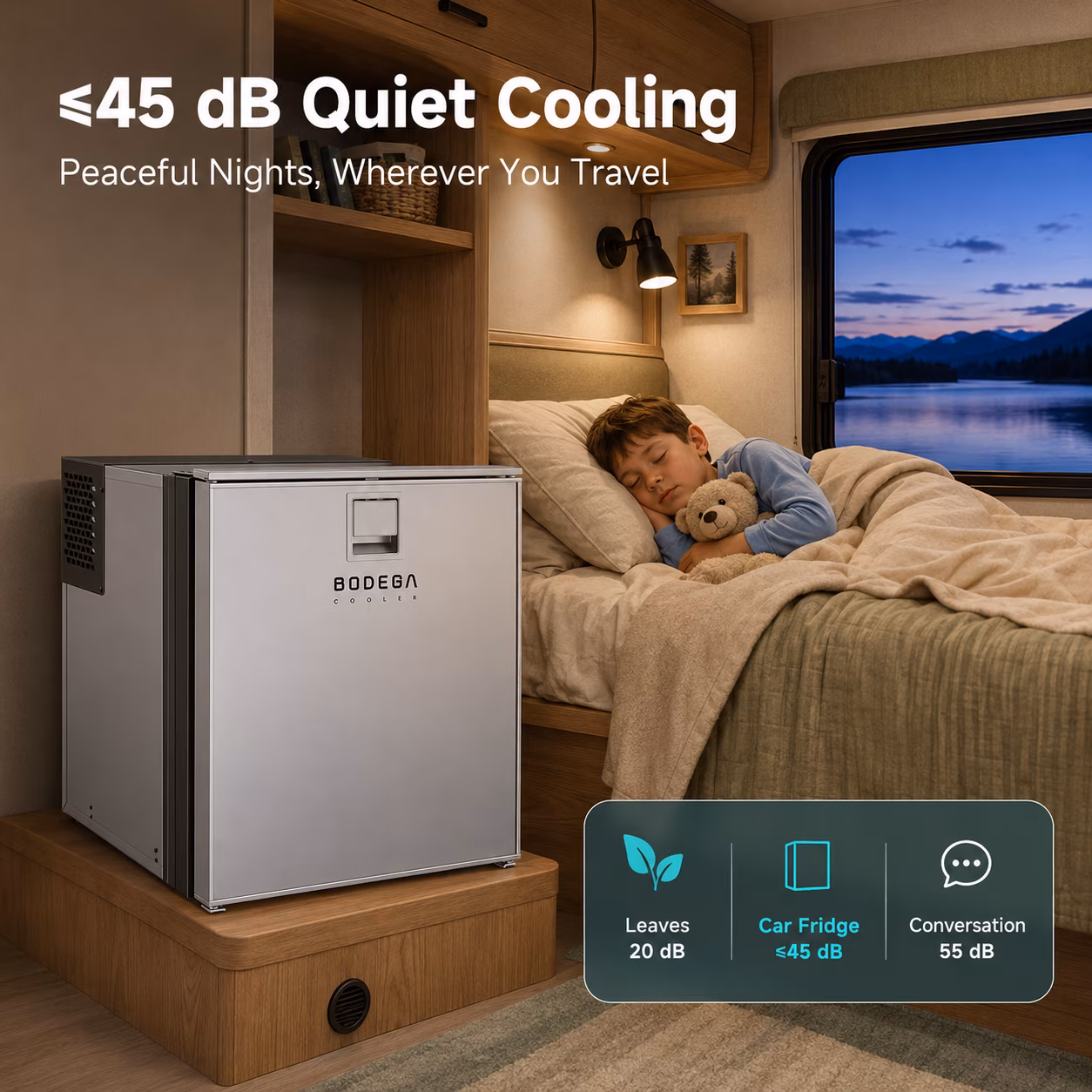 BODEGA 63.4 Quart 12 Volt RV Refrigerator, 2.12 Cu. Ft. Portable Car Fridge with Freezer, 12/24V DC, 32°F–50°F, Reversible Door, Silver - Image 2
