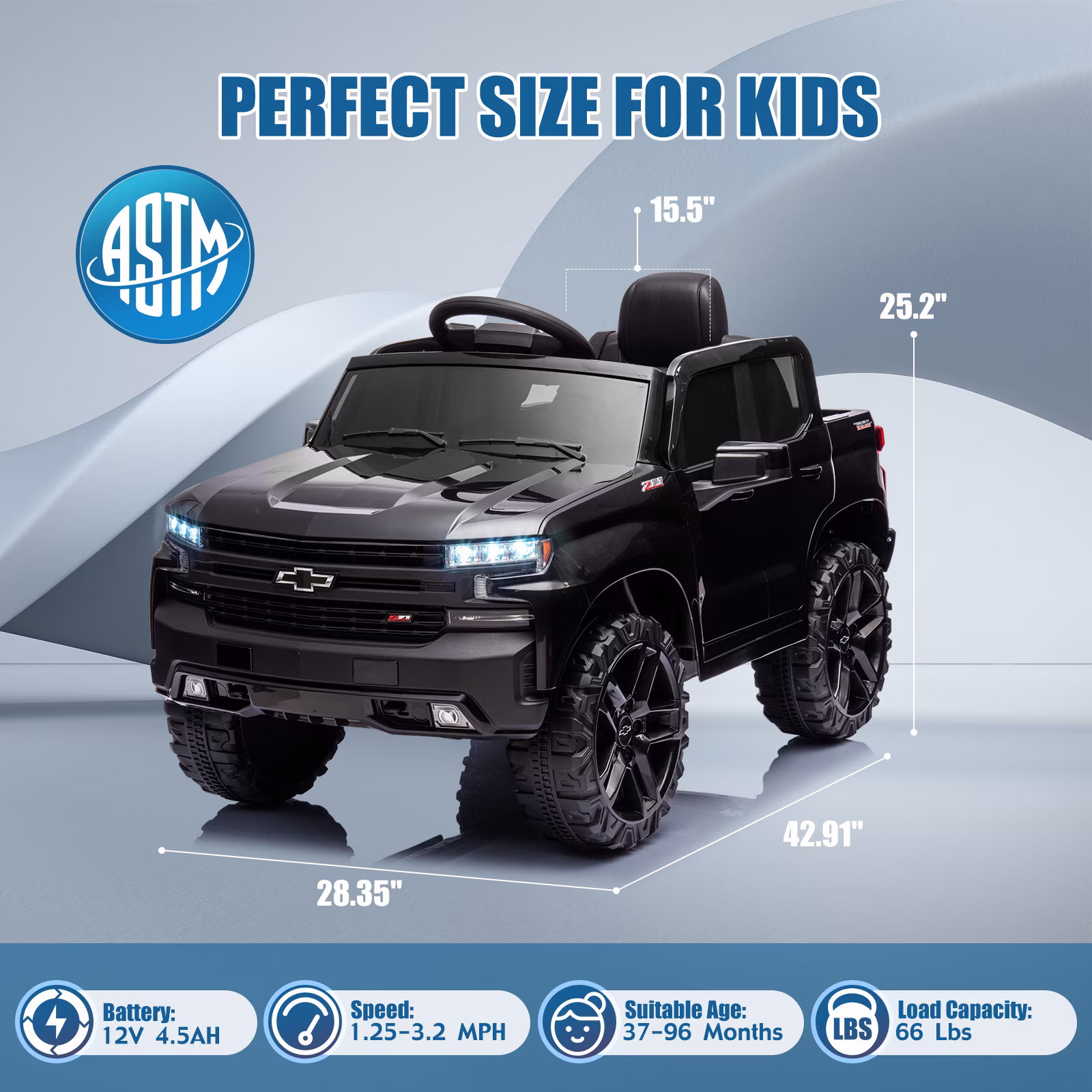 Bopilon 12V Electric Car for Kids,Licensed Chevy Silverado Truck Kids Ride On Car with Remote Control Battery Powered Electric Vehicle Toy Car, 4-Wheeler Suspension, Music& Lights, 3 Speeds(Black) - Image 4
