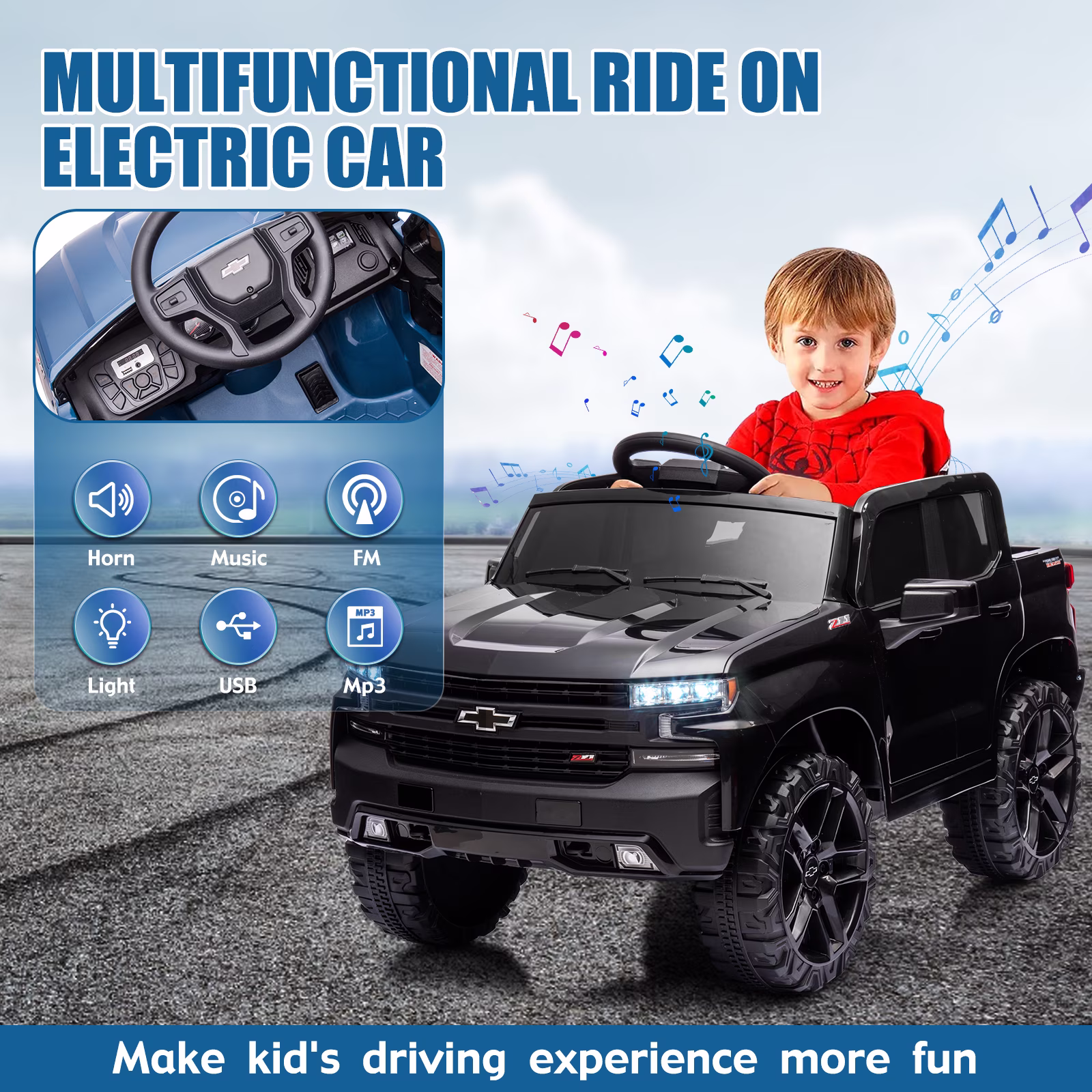 Bopilon 12V Electric Car for Kids,Licensed Chevy Silverado Truck Kids Ride On Car with Remote Control Battery Powered Electric Vehicle Toy Car, 4-Wheeler Suspension, Music& Lights, 3 Speeds(Black) - Image 5