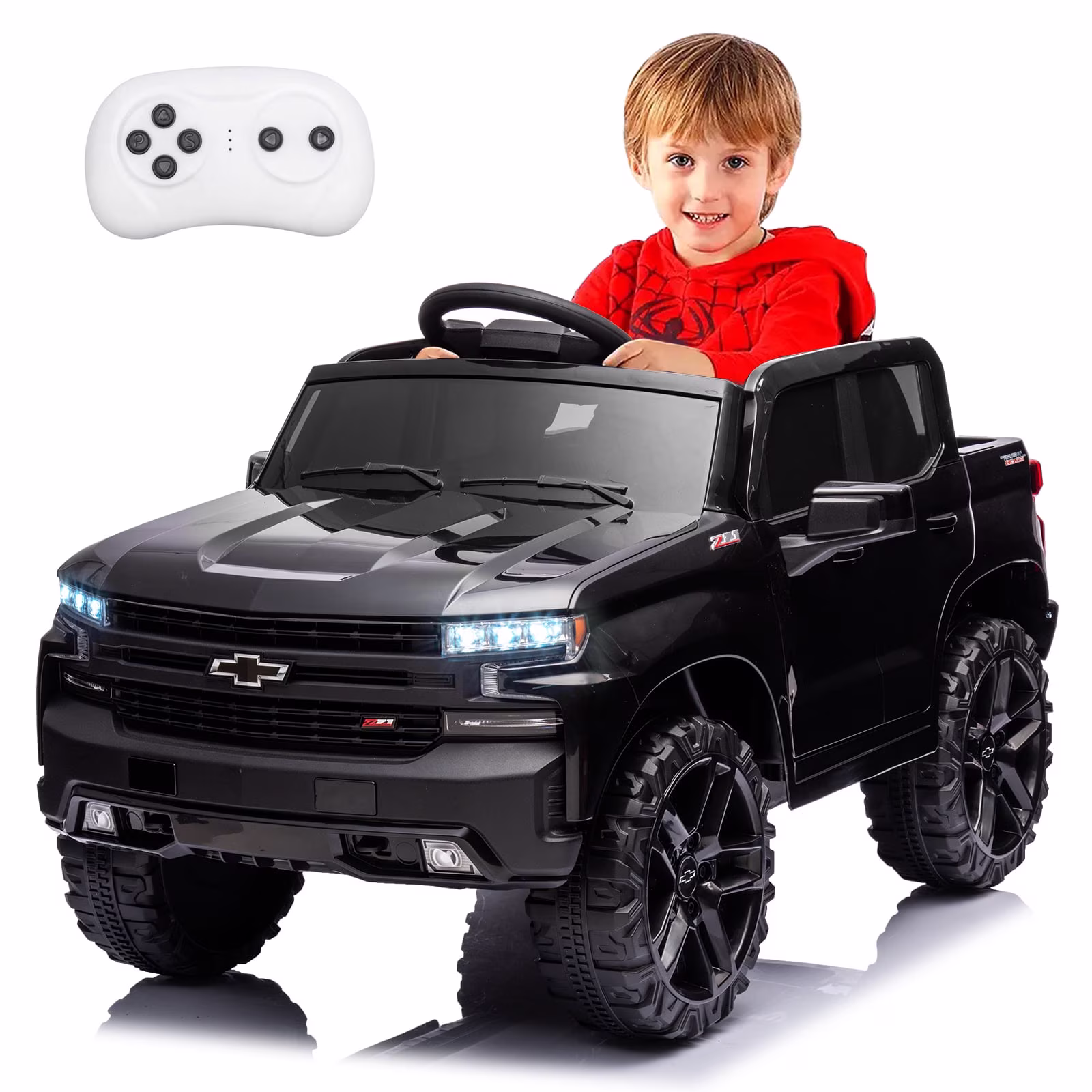 Bopilon 12V Electric Car for Kids,Licensed Chevy Silverado Truck Kids Ride On Car with Remote Control Battery Powered Electric Vehicle Toy Car, 4-Wheeler Suspension, Music& Lights, 3 Speeds(Black)