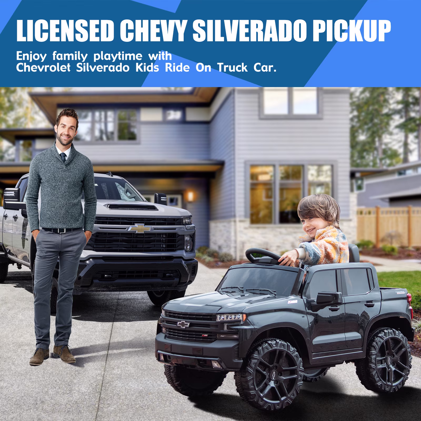 Bopilon 12V Electric Car for Kids,Licensed Chevy Silverado Truck Kids Ride On Car with Remote Control Battery Powered Electric Vehicle Toy Car, 4-Wheeler Suspension, Music& Lights, 3 Speeds(Black) - Image 3