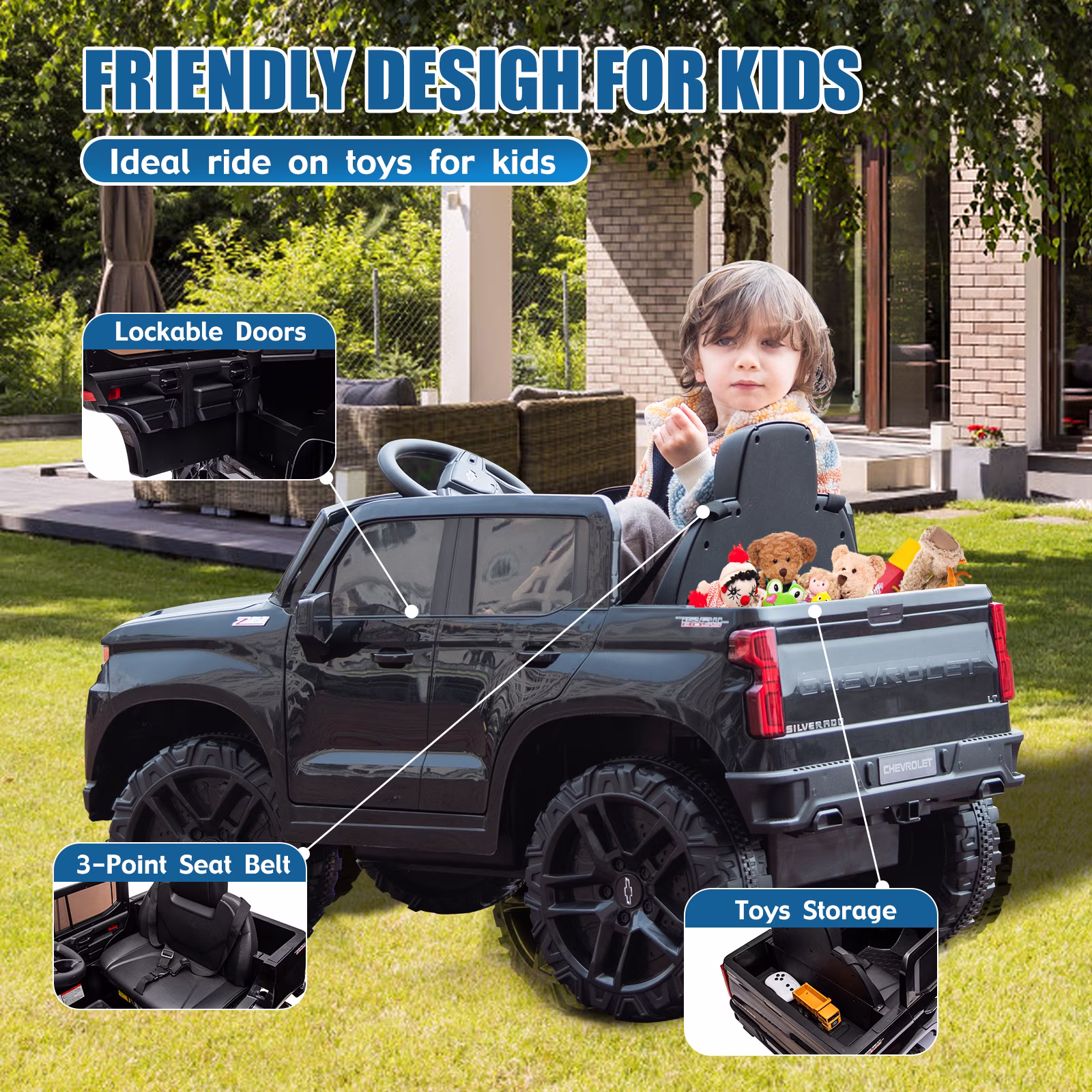 Bopilon 12V Electric Car for Kids,Licensed Chevy Silverado Truck Kids Ride On Car with Remote Control Battery Powered Electric Vehicle Toy Car, 4-Wheeler Suspension, Music& Lights, 3 Speeds(Black) - Image 2