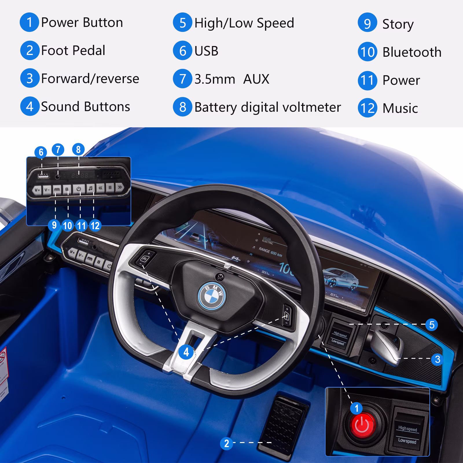 Bopilon BMW Electric Car for Toddlers 1-3, 12V Kids Ride on Car with Remote Control, 3 Speeds, Bluetooth, Music, LED Light (Blue) - Image 4