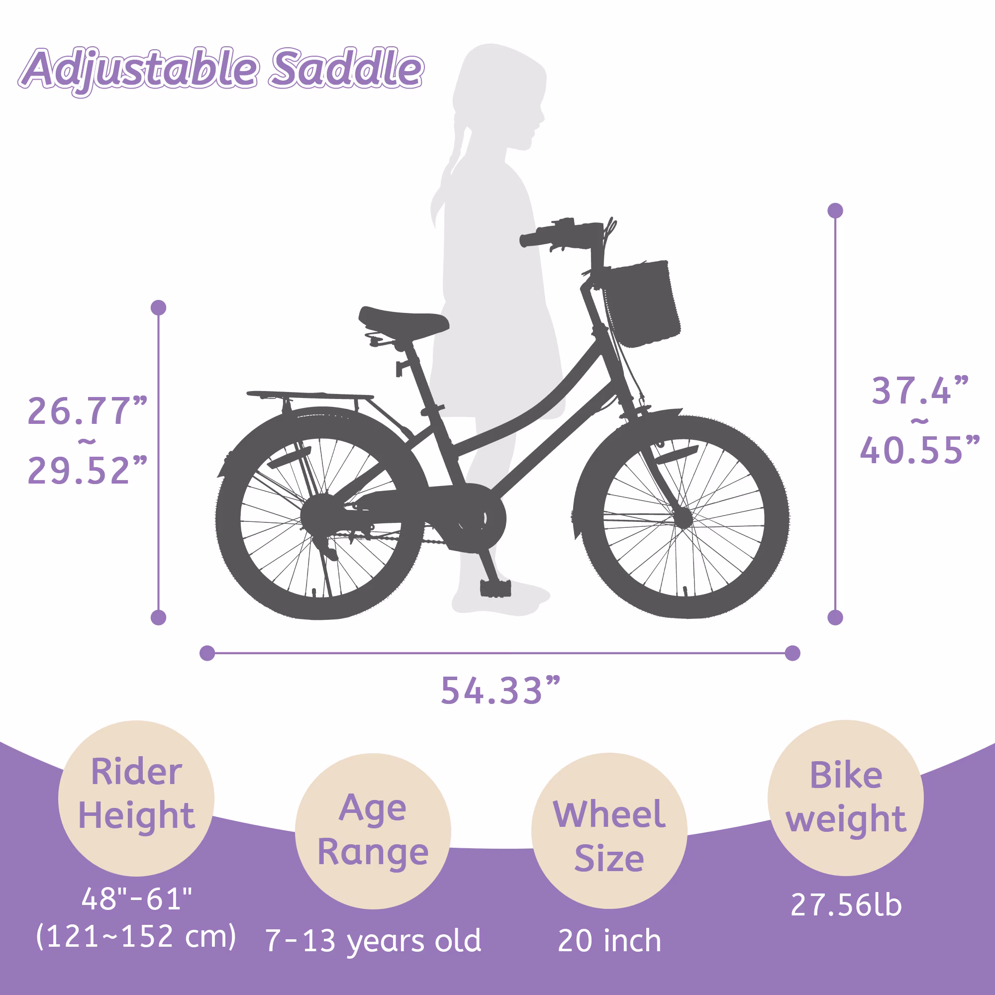 Bstjewey 20 Inch Girls Bike with Basket, Dual Brakes, Adjustable Seat, Ages 7 - Image 5