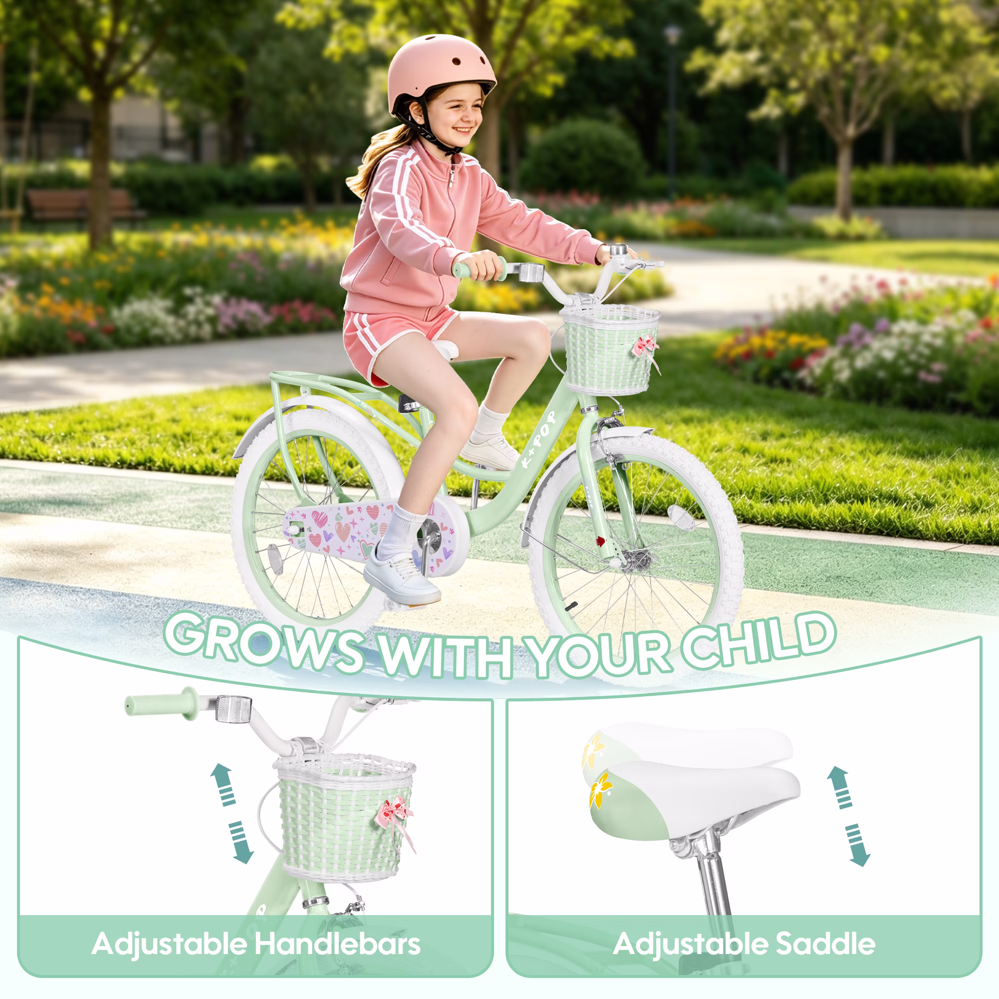 Bstjewey 20 Inch Kids Bike for 7-12 Years, Girl bike with Brake,Basket and Adjustable Seat,Green - Image 4