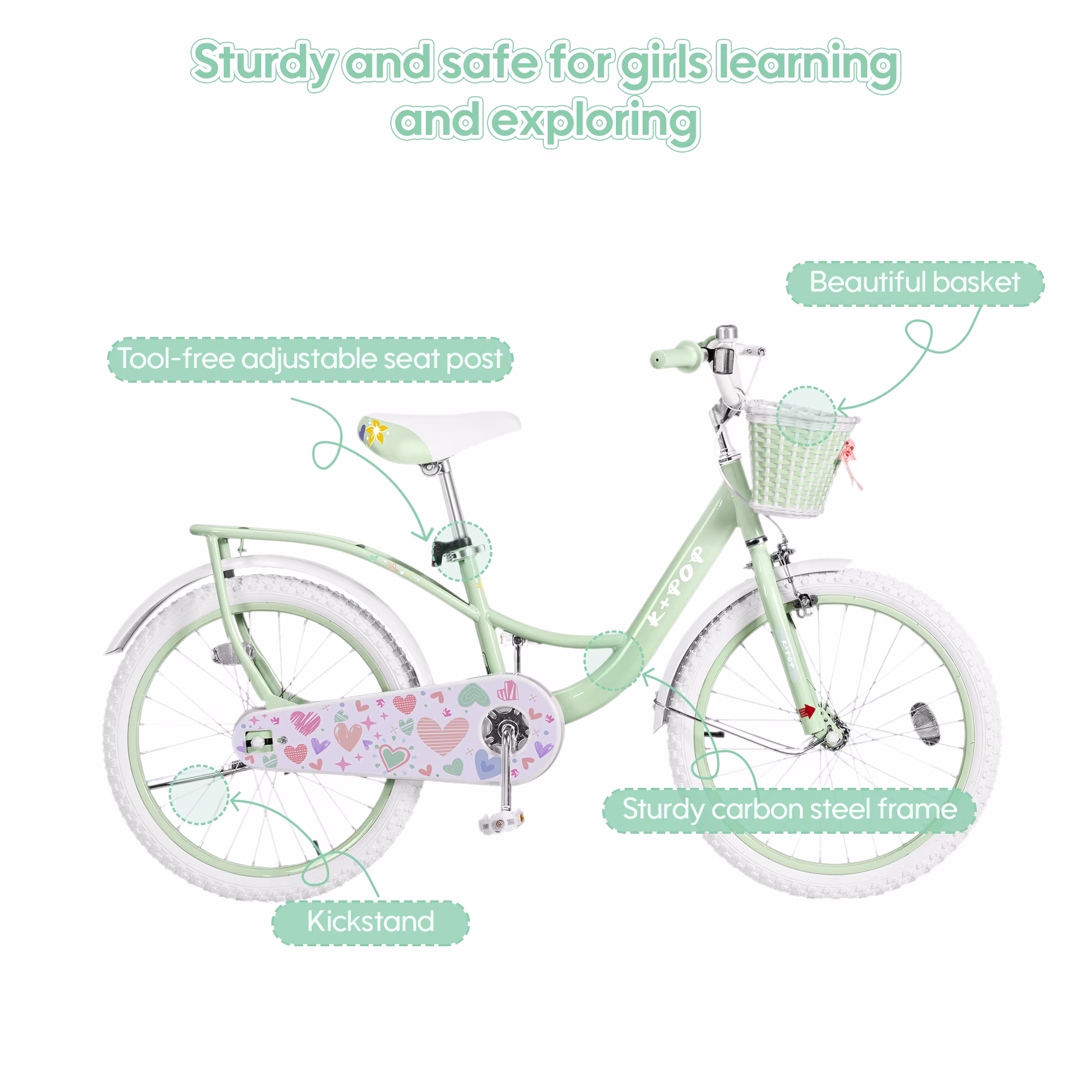 Bstjewey 20 Inch Kids Bike for 7-12 Years, Girl bike with Brake,Basket and Adjustable Seat,Green - Image 2