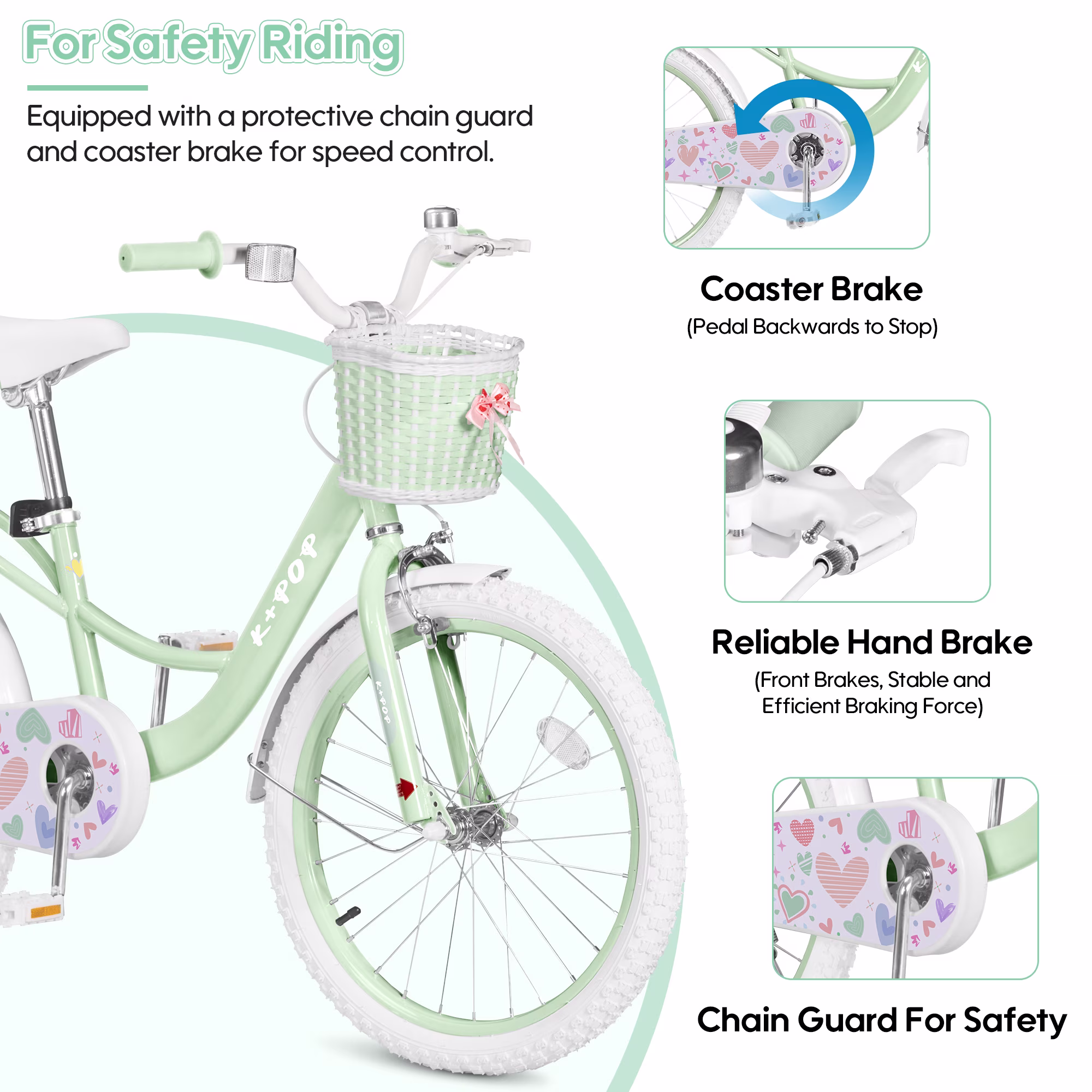 Bstjewey 20 Inch Kids Bike for 7-12 Years, Girl bike with Brake,Basket and Adjustable Seat,Green - Image 5