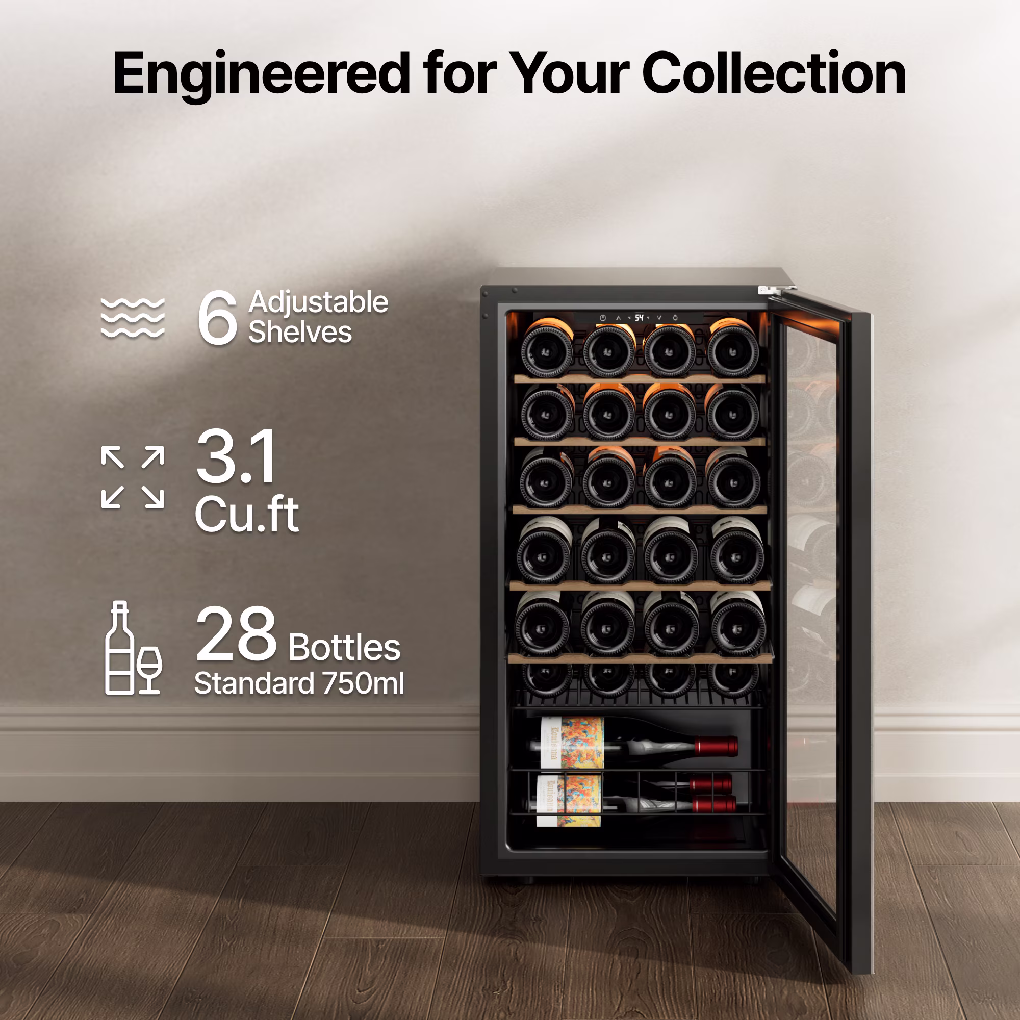 Ca'Lefort 28 Bottles Wine Fridge,Freestanding Mini Wine Cooler with Double-Layer Glass Door for Home/Office - Image 3