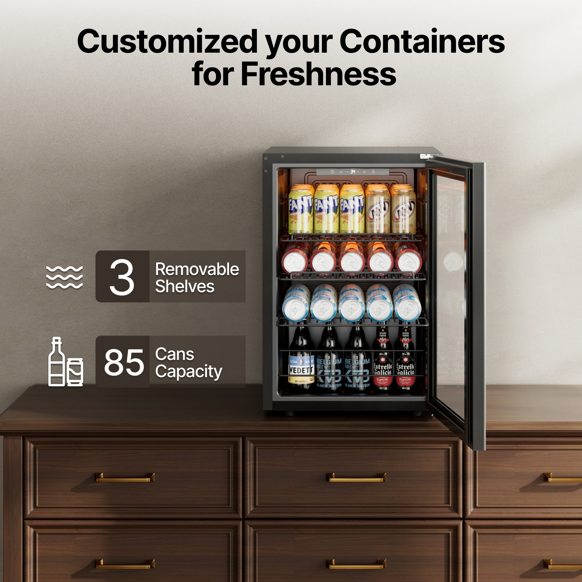 Ca'Lefort Beverage Refrigerator Cooler, 85-95 Can Freestanding Beverage Fridg,Mini fridge with Glass Door for Home/Bar/Office - Image 5
